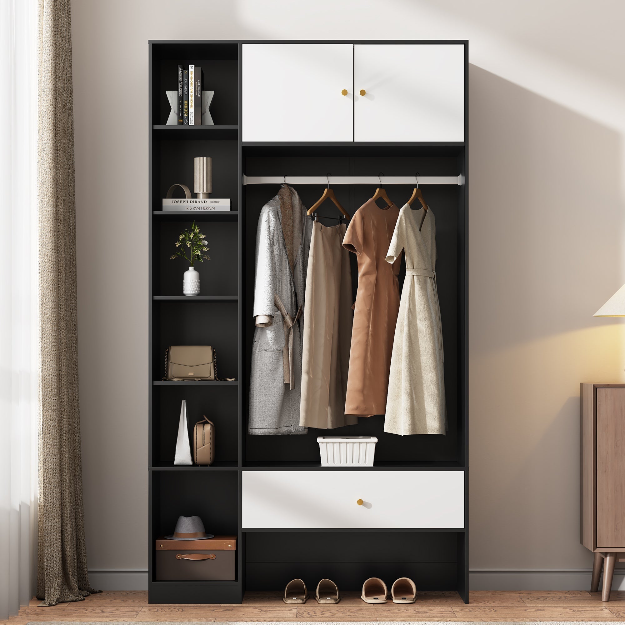 Compact Wardrobe Set 2 Doors 6 Compartments Clothes Rail Drawer Black and White
