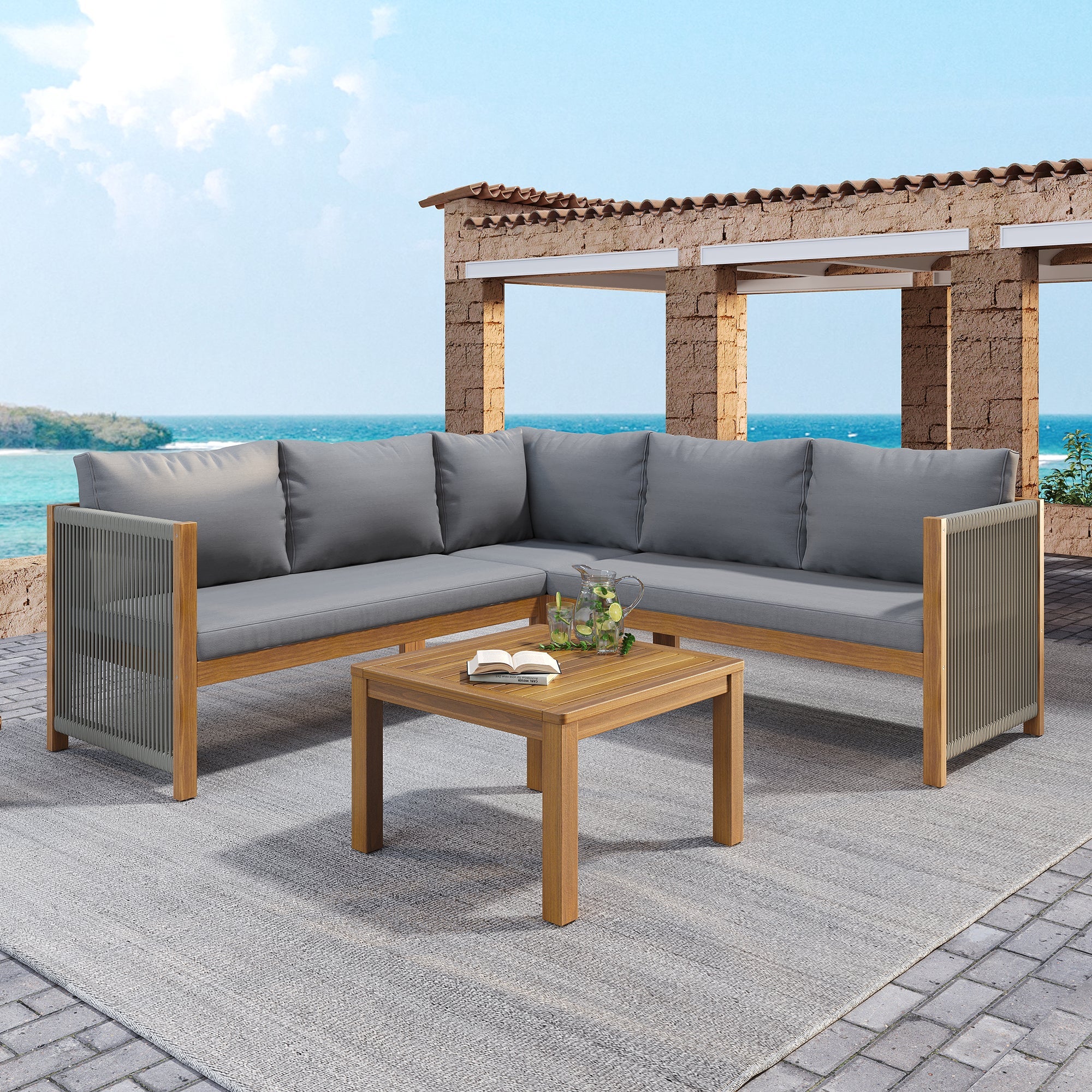 Garden Furniture Set with Corner Sofa and Acacia Wood Coffee Table, Grey