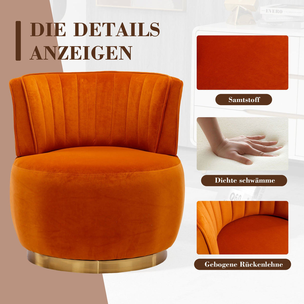 Swivel Barrel Chair 360° Round Comfortable, Orange Velvet