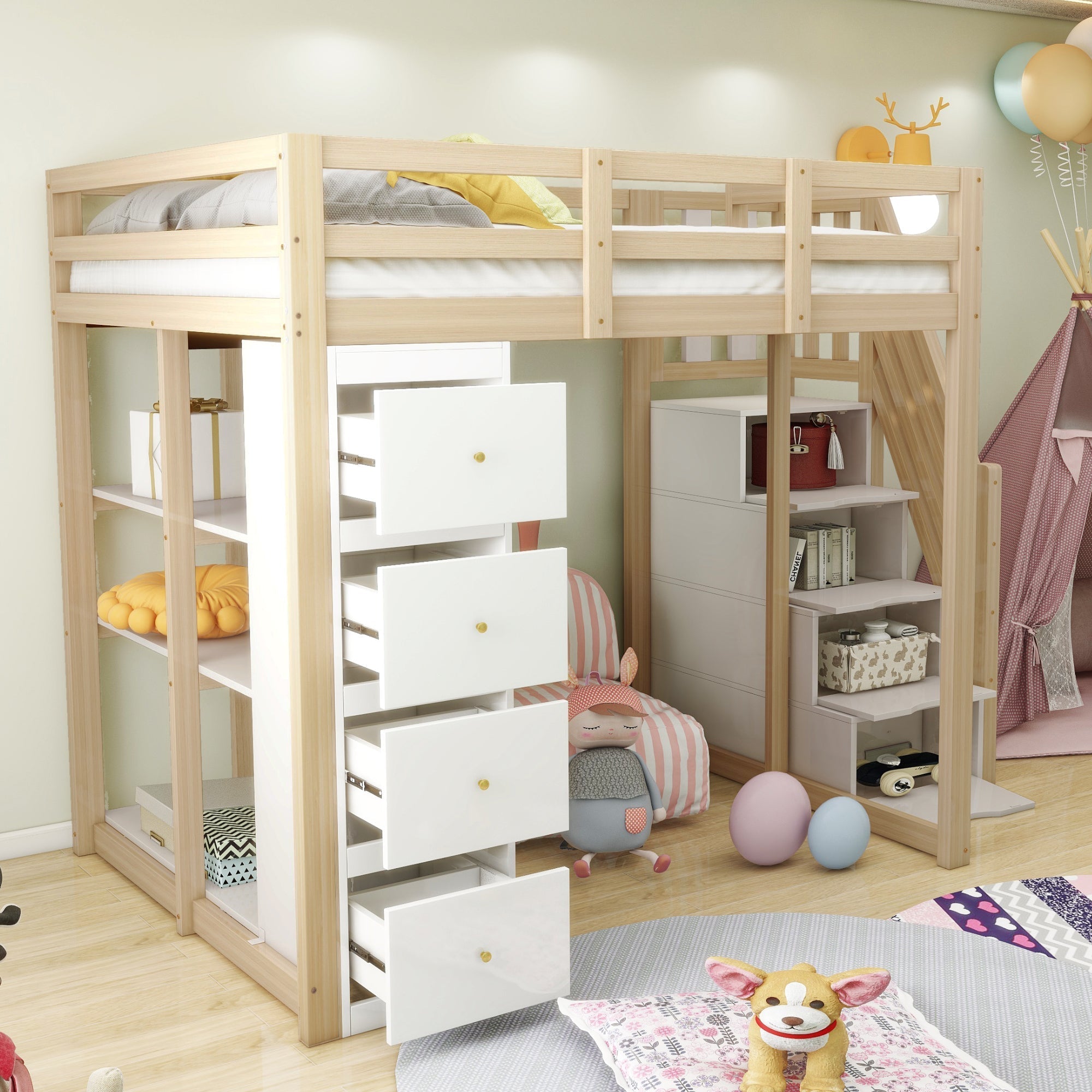 Loft Bed with 4 Drawers and Storage Stairs, 140x200 cm, White and Natural Wood