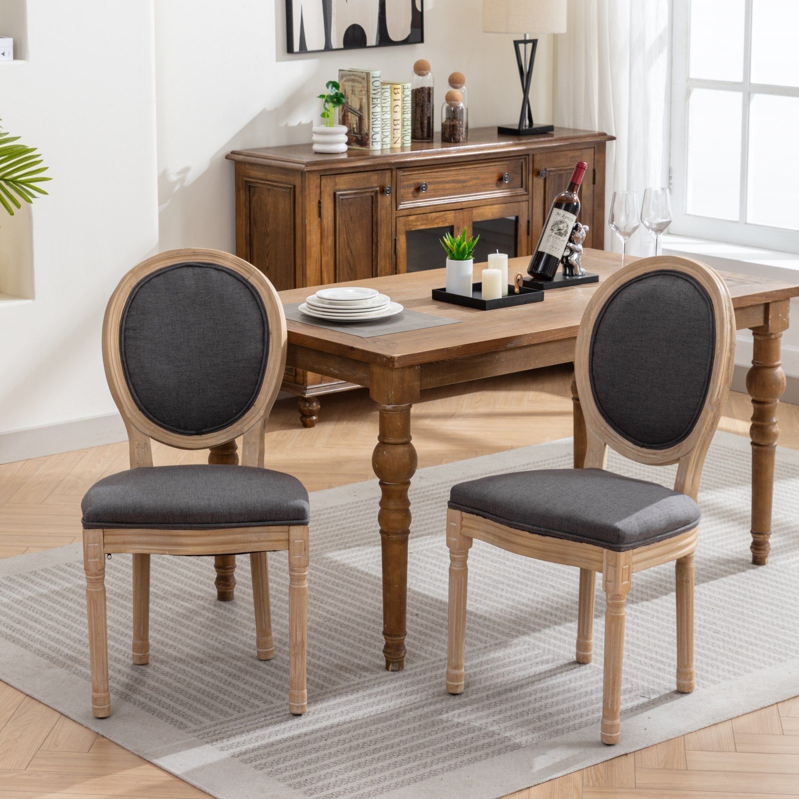 Dining Chair French Style Solid Wood Antique Painting Set of 2 Linen Dark Gray