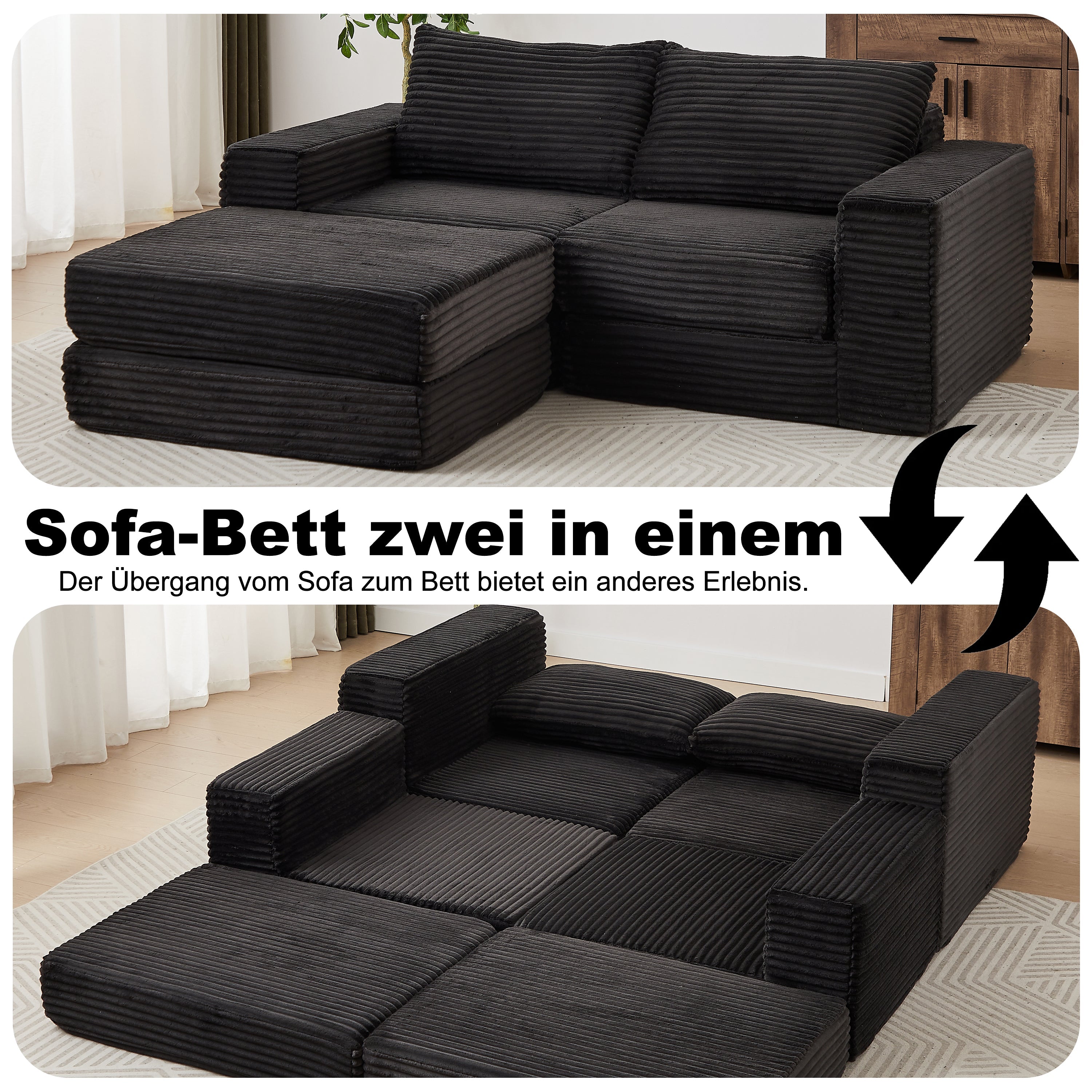 Corduroy 2-in-1 Sofa Bed with Removable Footstool and Modular Design, Corduroy