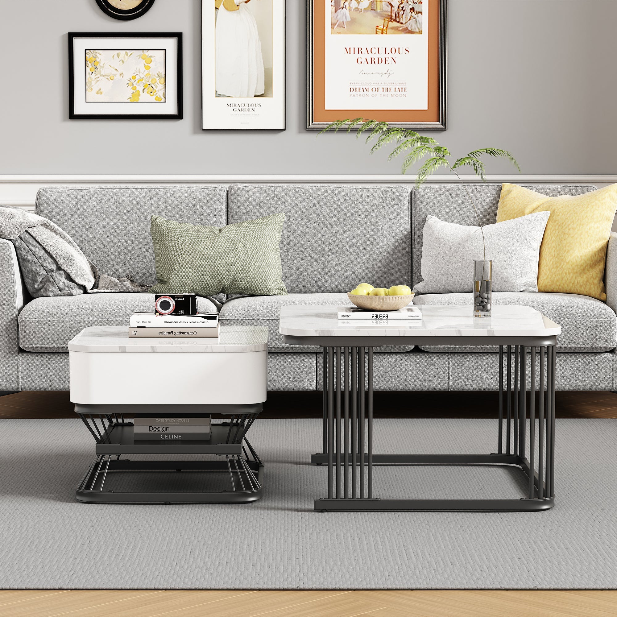 2-Piece Geometric Coffee Table Set with Drawer, High-Gloss Marble Look, White/Black