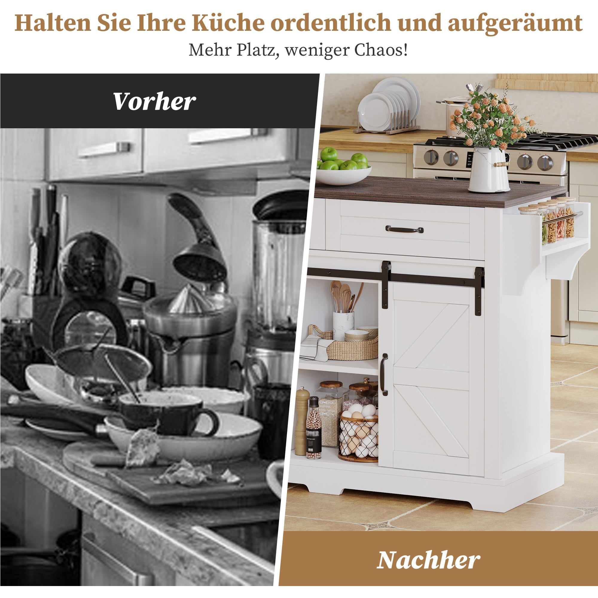 Kitchen Island with Fold-Down Worktop and Sliding Doors, Barn Style, White