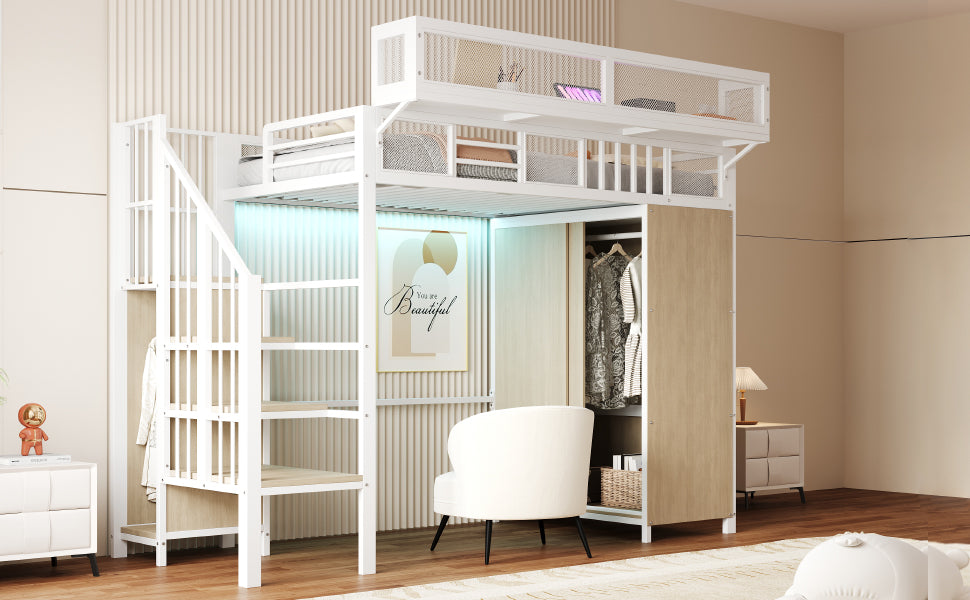 Metal Loft Bed with Wardrobe, Safety Ladder and LED Lighting, White