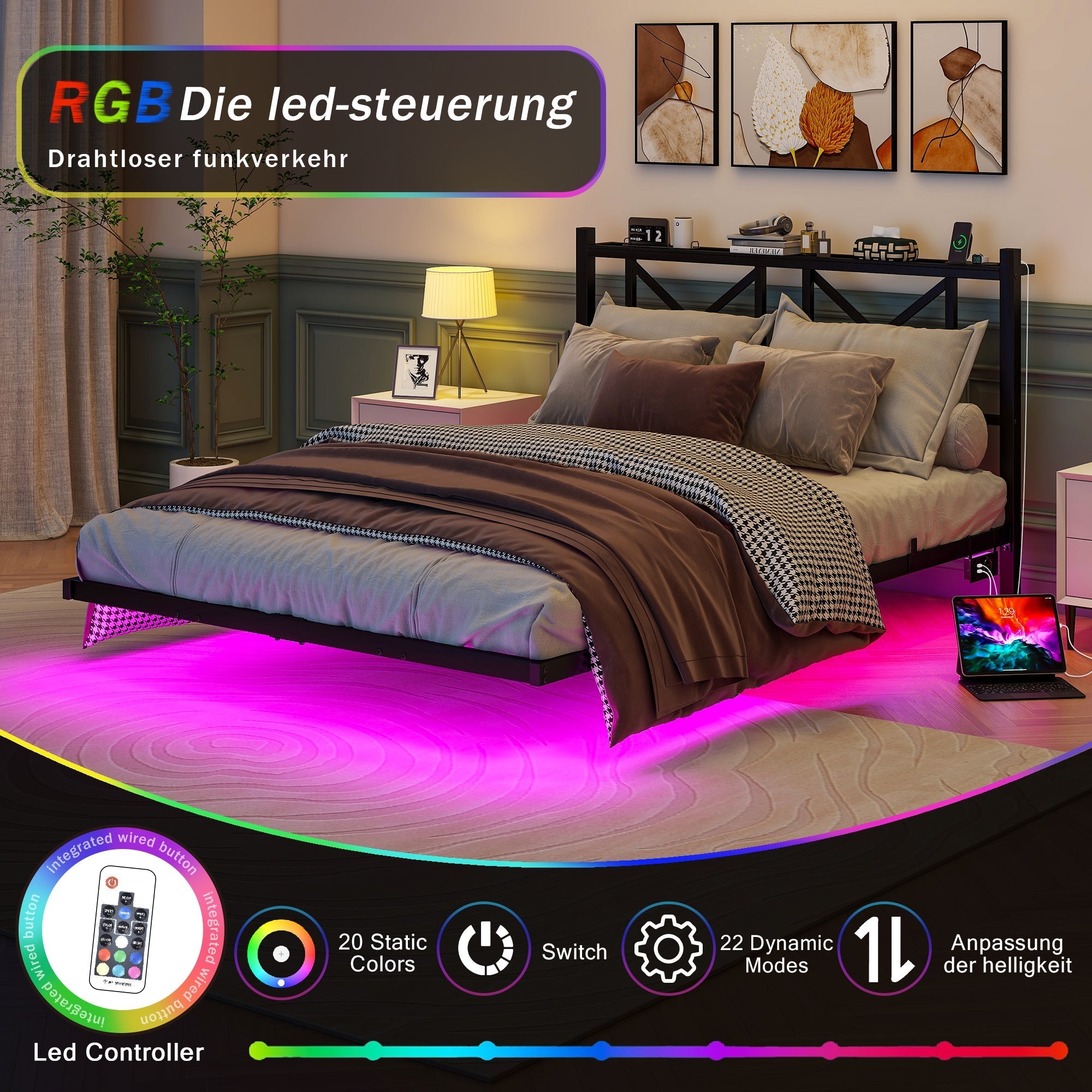Double Bed Frame 140x200cm Floating LED Charging Station - Metal