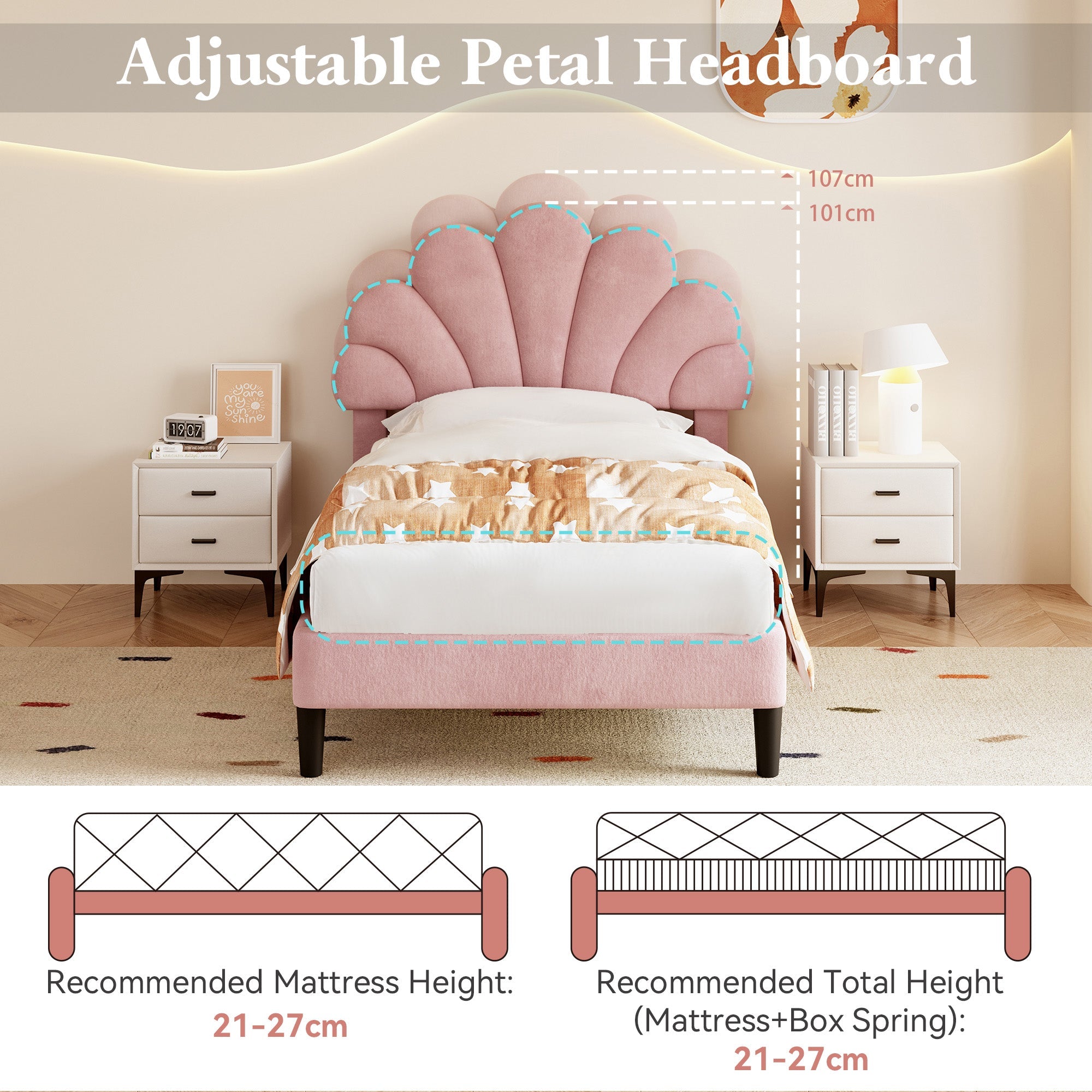 3ft Single Upholstered Velvet Bed Frame, Adjustable Chic Petal Headboard, Pink
