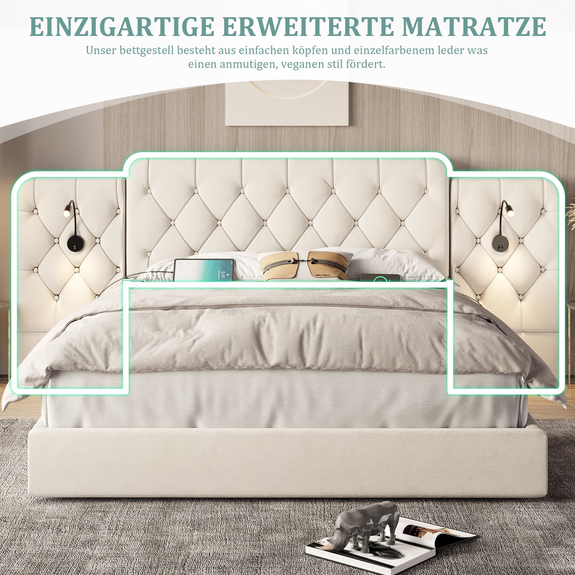 Bed Frame with Long Headboard, Hydraulic Storage USB Velvet, Beige