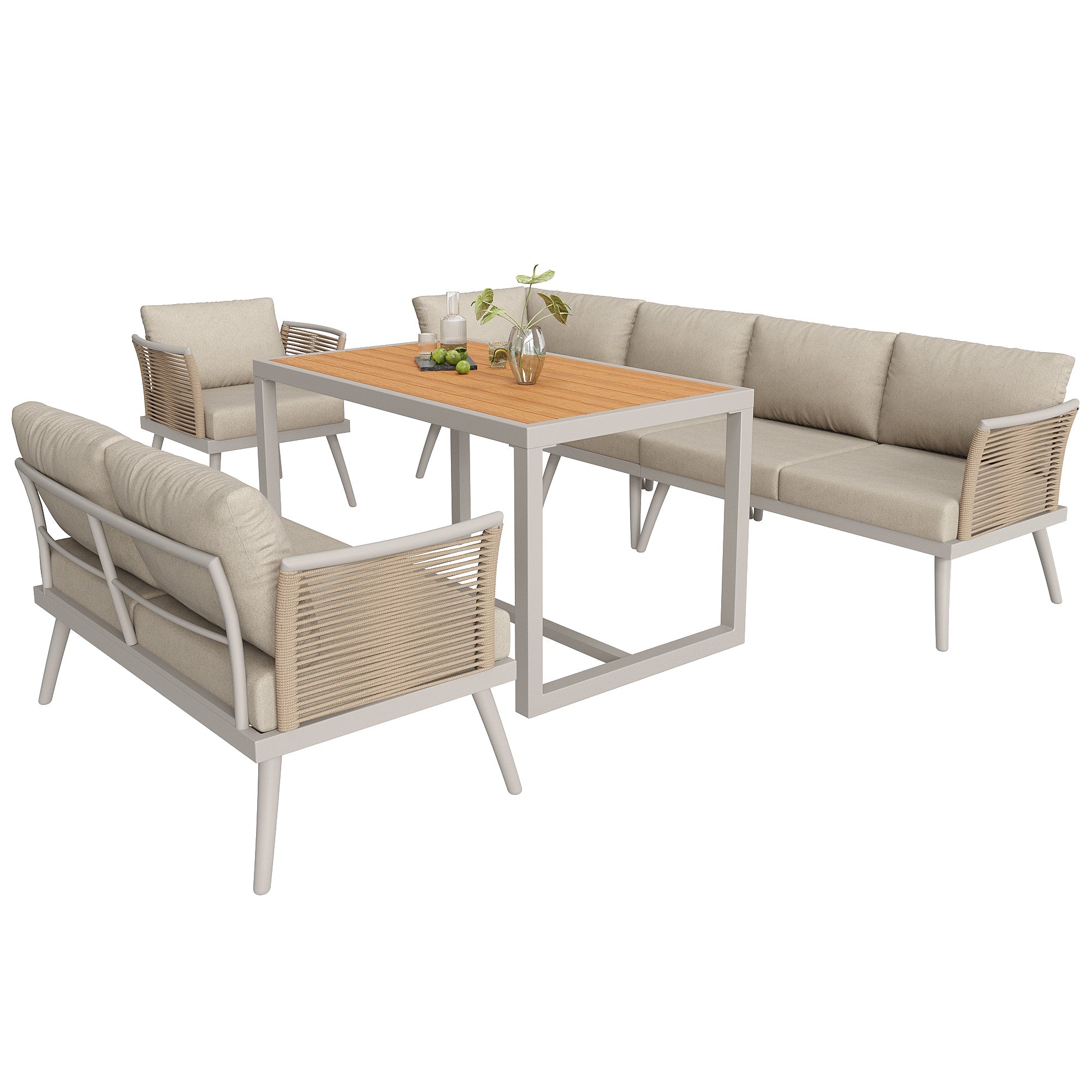 L-Shaped Garden Sofa Set with Coffee Table and Armchair, Seven-Seater Weatherproof Iron, Grey and Beige