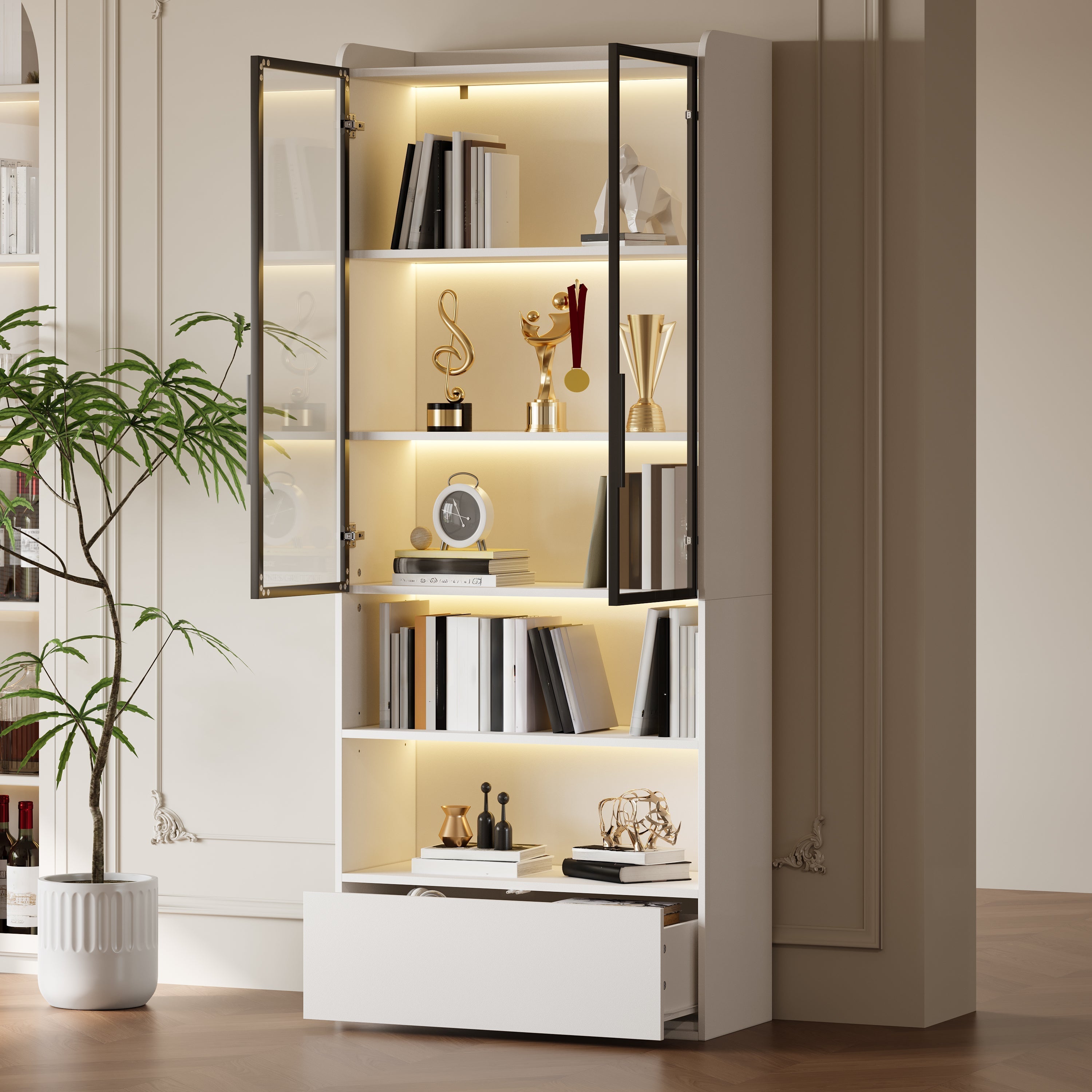 Display Cabinet 80x34x180cm Tall with 1 Drawer Glass Doors LED Lighting White