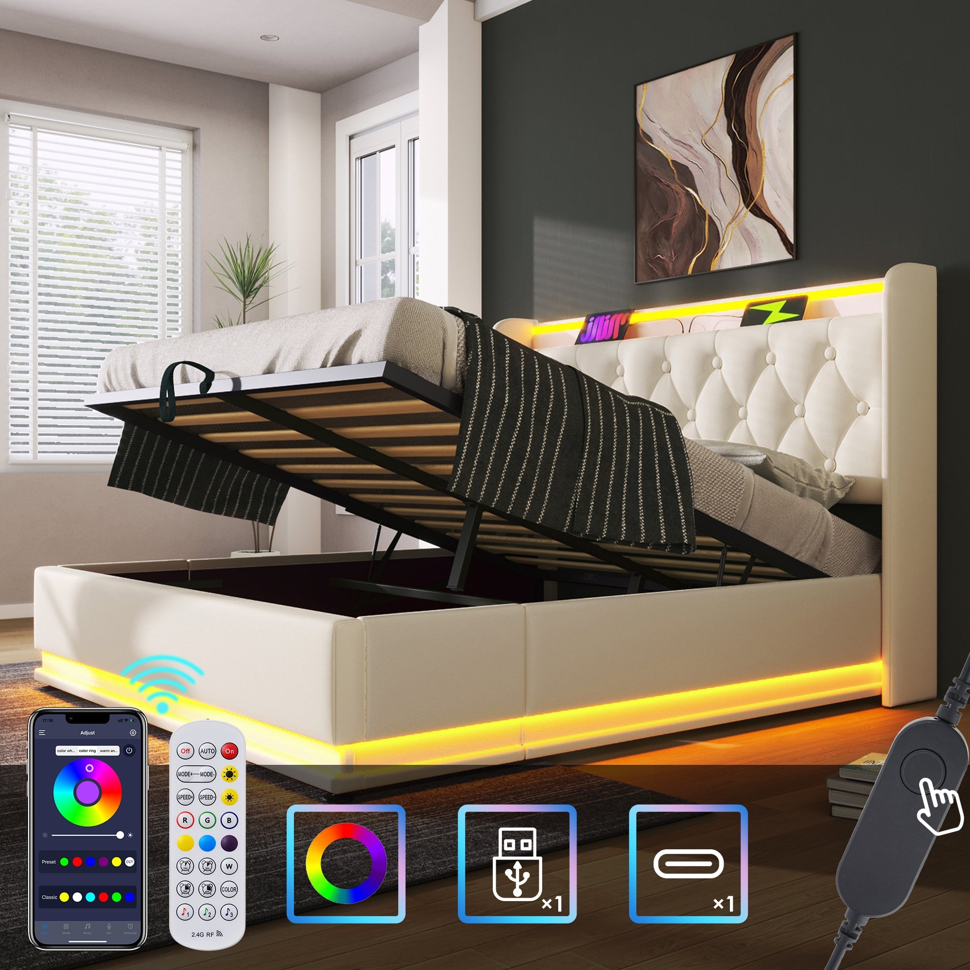 Upholstered Double Bed with Hydraulic Storage, 360° LED and USB Type-C, 140x190cm, White PU Leather