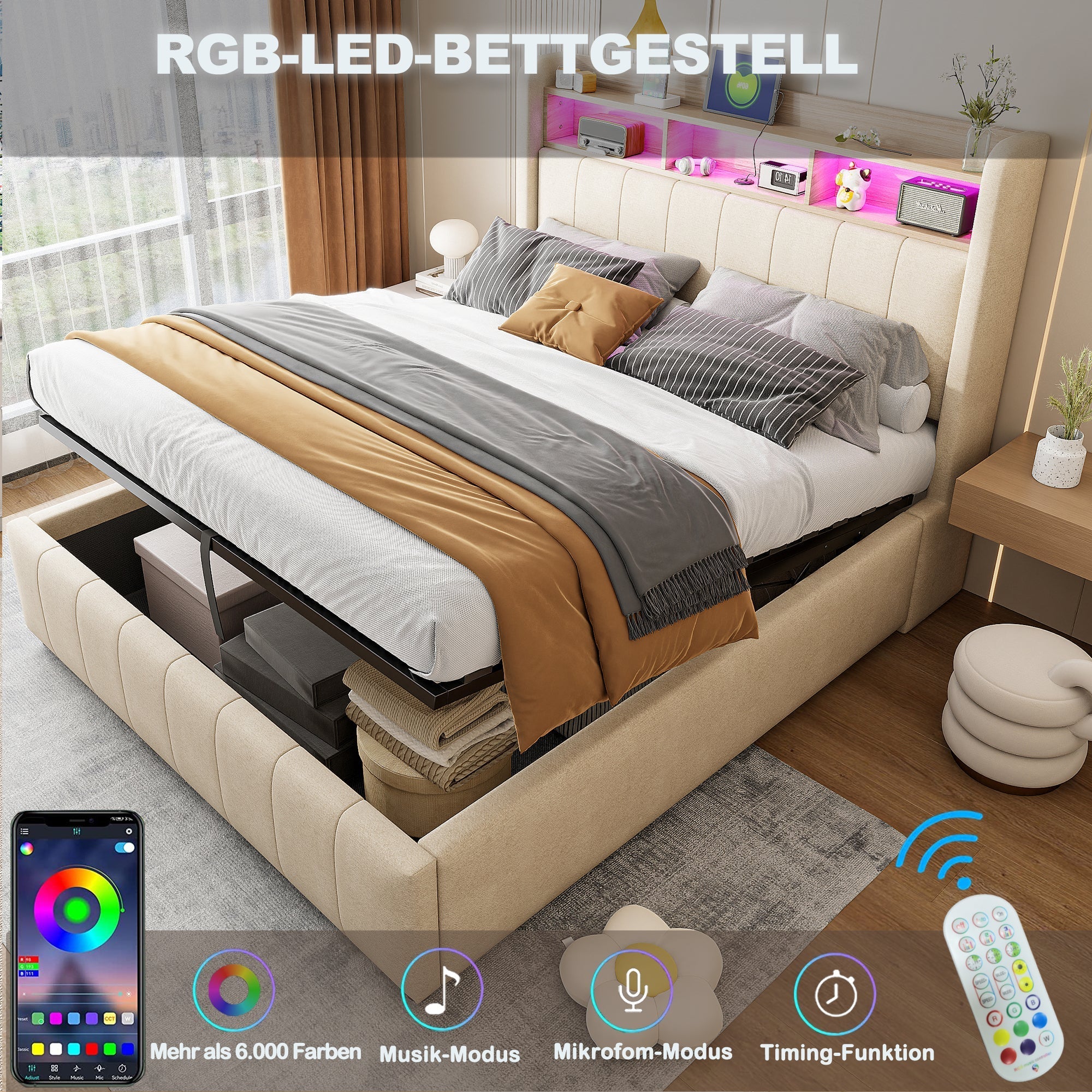 Upholstered Bed 140*200cm, LED Lighting, USB Socket, Headboard with Shelves, Hydraulic Storage, Double Bed, Beige Linen Fabric