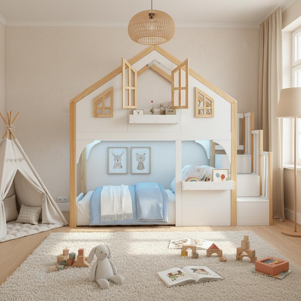 Bunk Bed House 90x200cm Wooden with LED Storage Stairs White + Natural