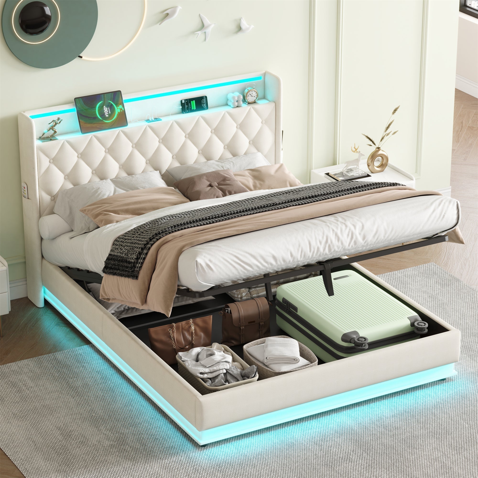 5ft King Upholstered Bed Frame, Hydraulic Storage LED Headboard Charging Station, Linen Beige