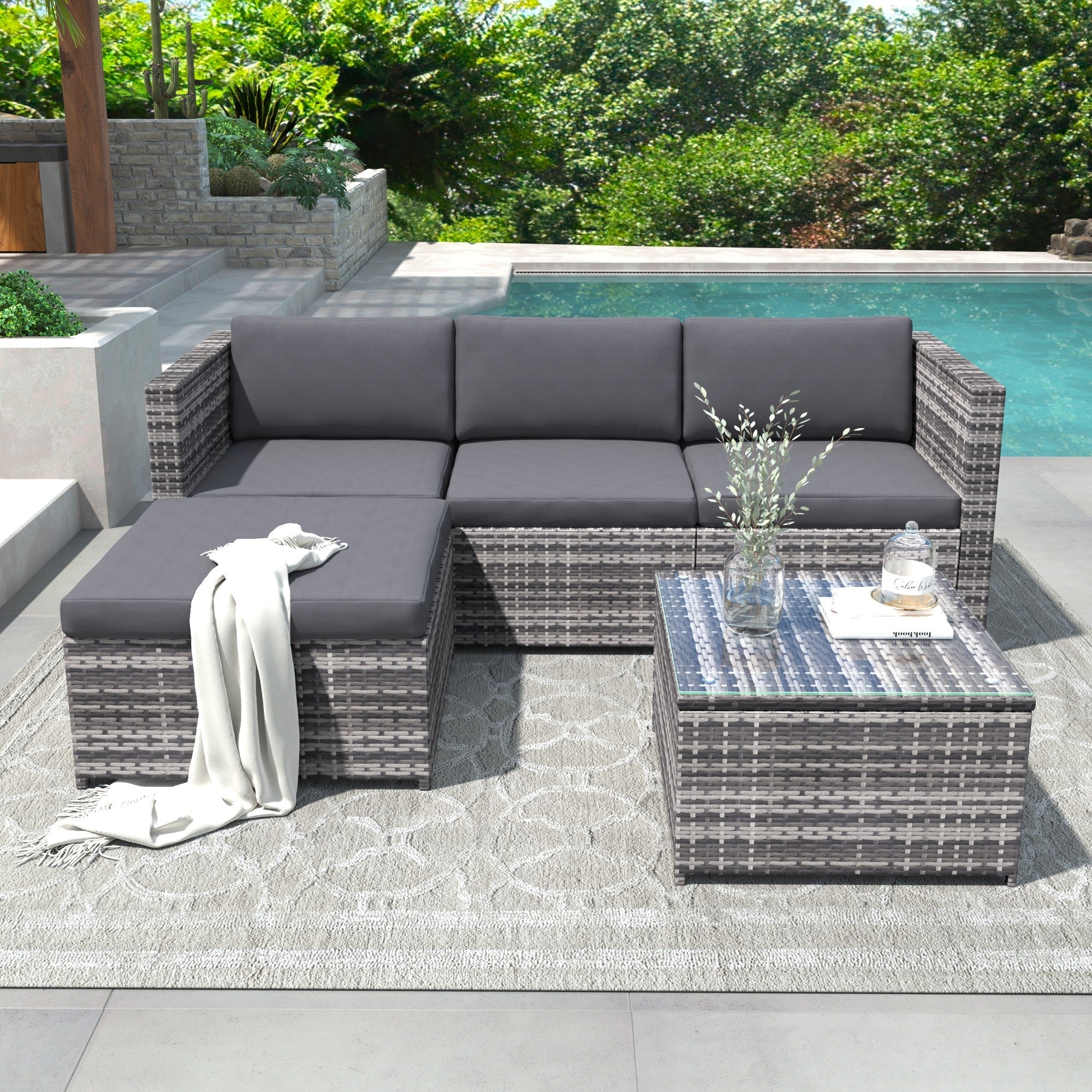 Garden Corner Sofa Rattan Patio Lounge Set, Grey