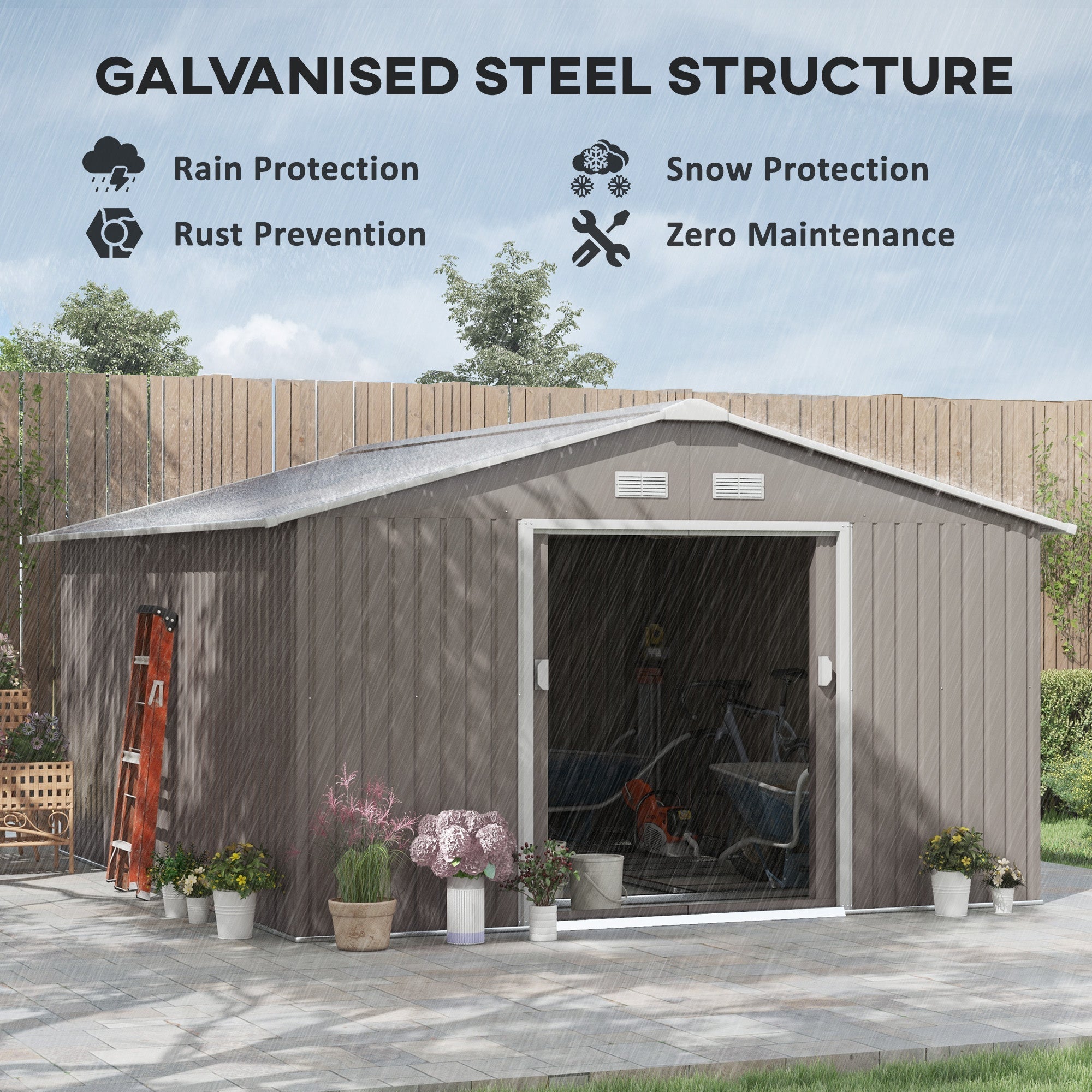 Large Garden Shed, Metal with Foundation Kit and Ventilation, Light Grey