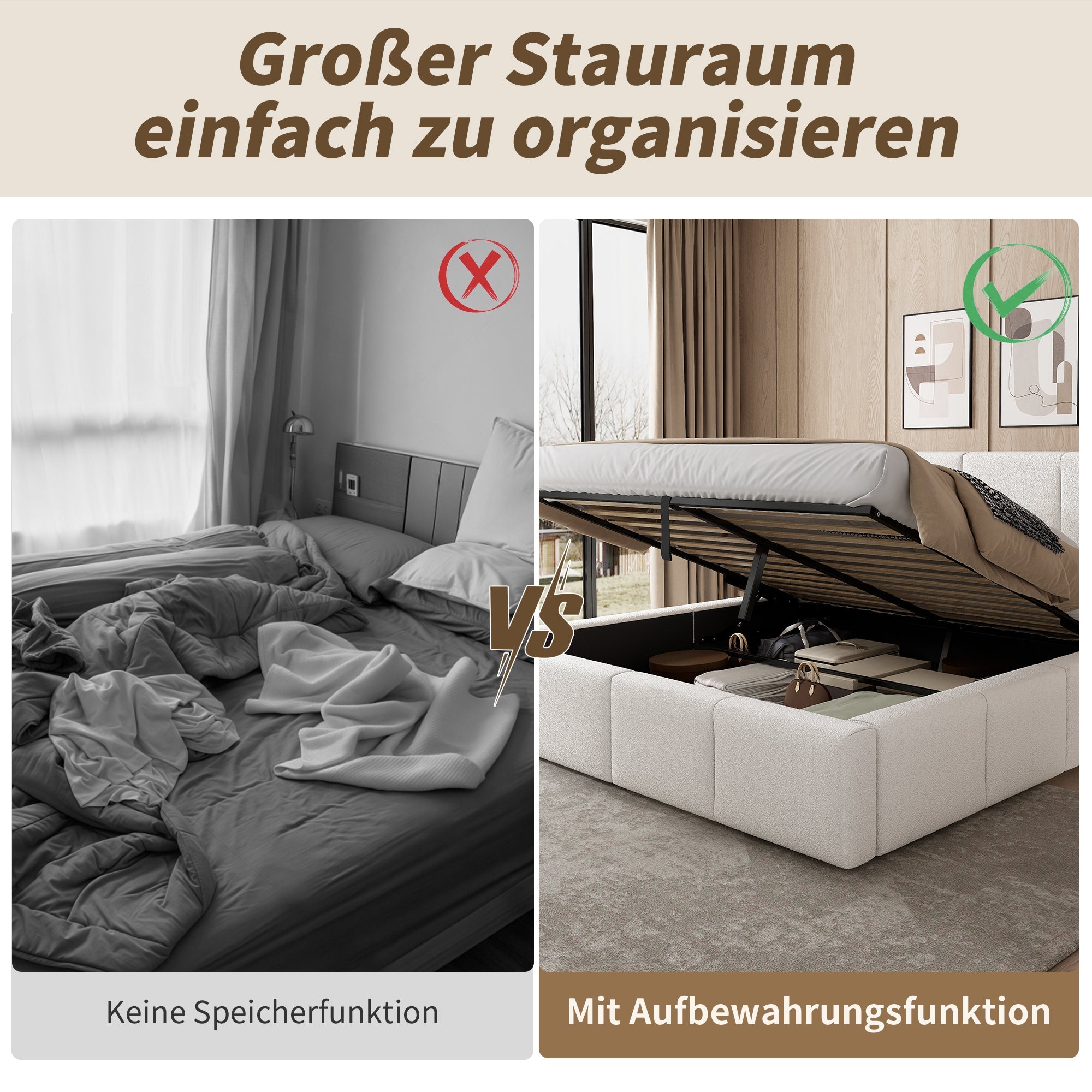 Upholstered Double Bed with Hydraulic Storage and Slatted Frame, 180x200cm, Beige Bouclé