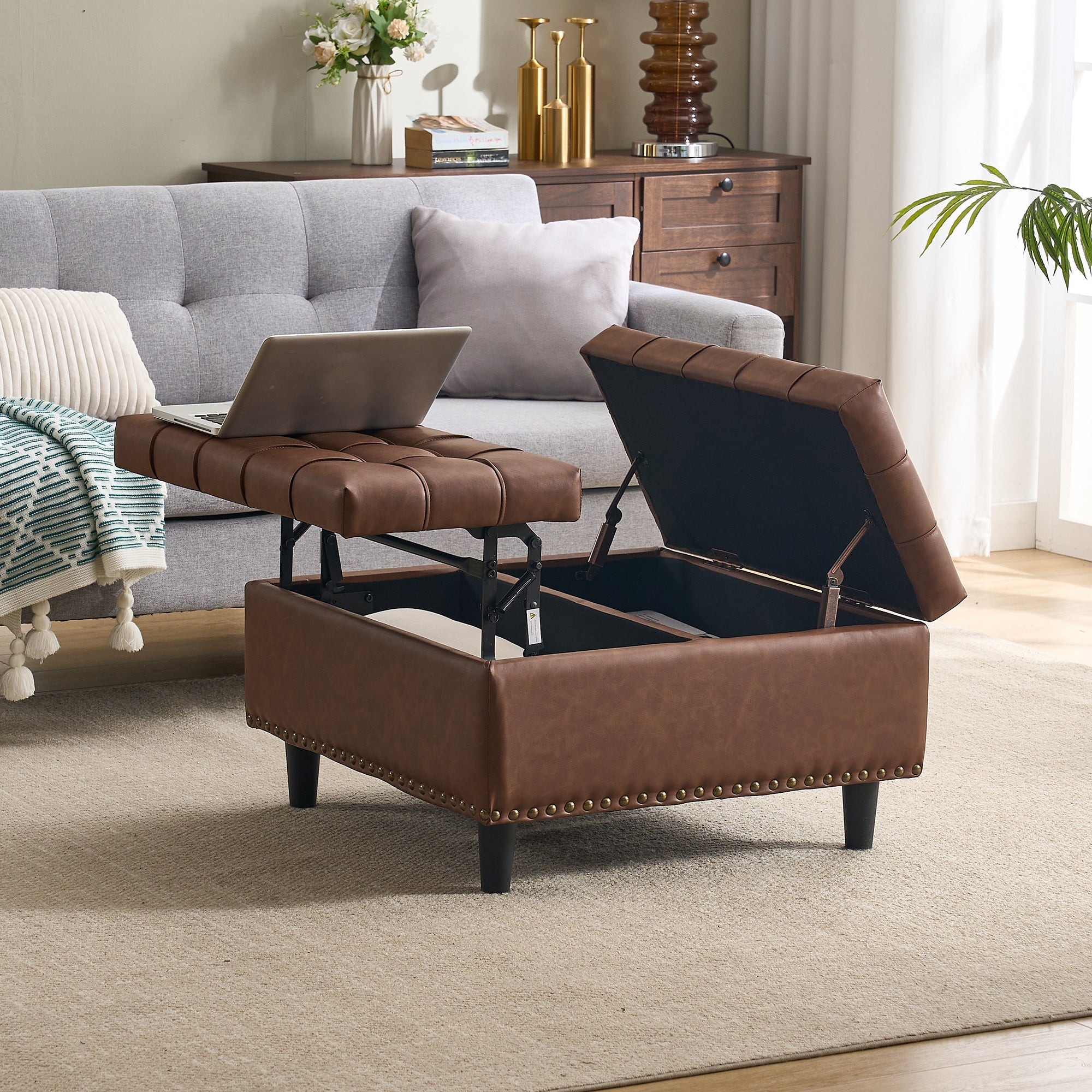 Storage Chair, Liftable Bench, Square, Brown PU
