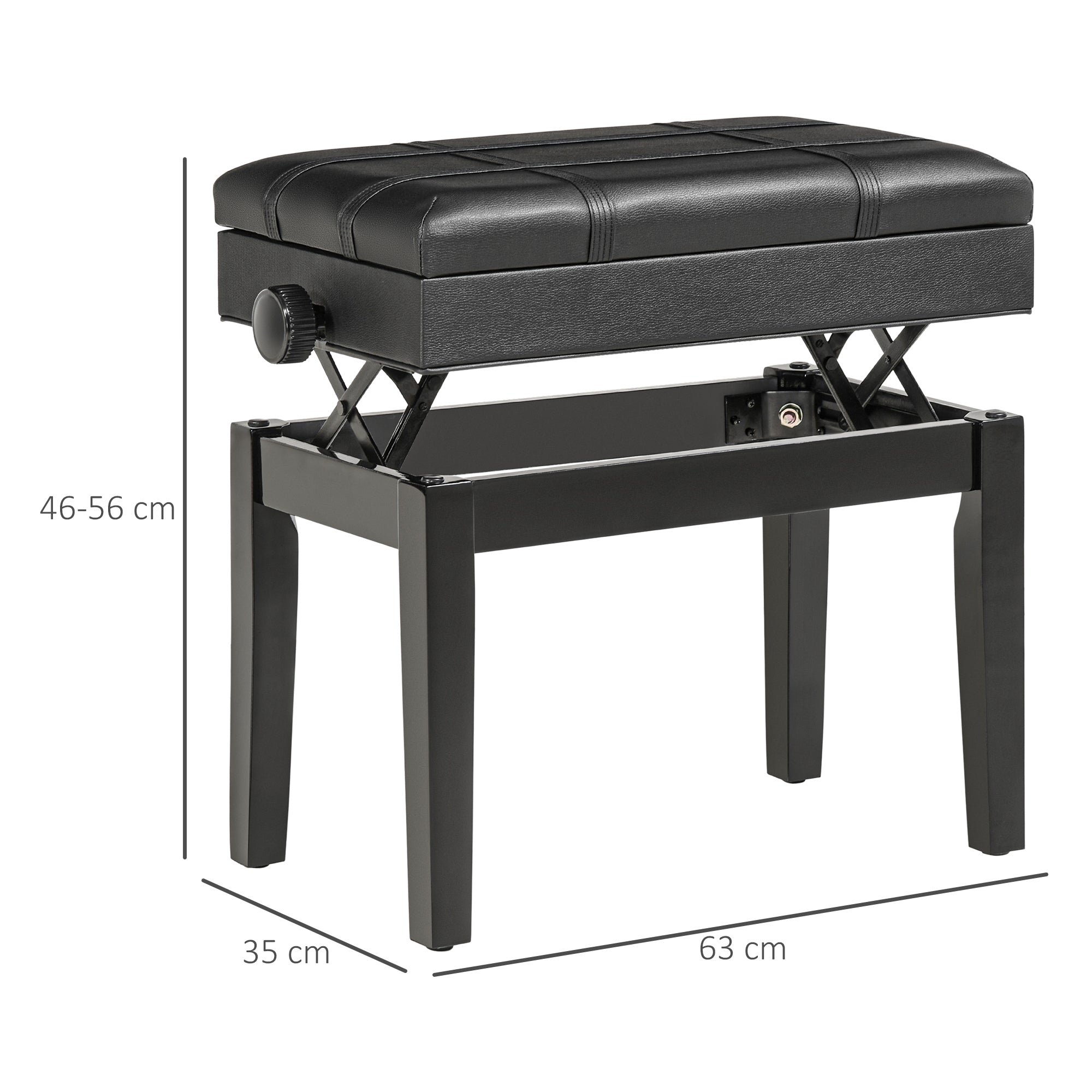 Piano Bench, Height-Adjustable with Storage, Leather Cushion, Black