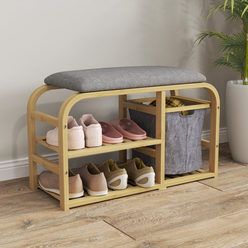 Bamboo Shoe Rack Bench with Padded Seat - Nature Wood