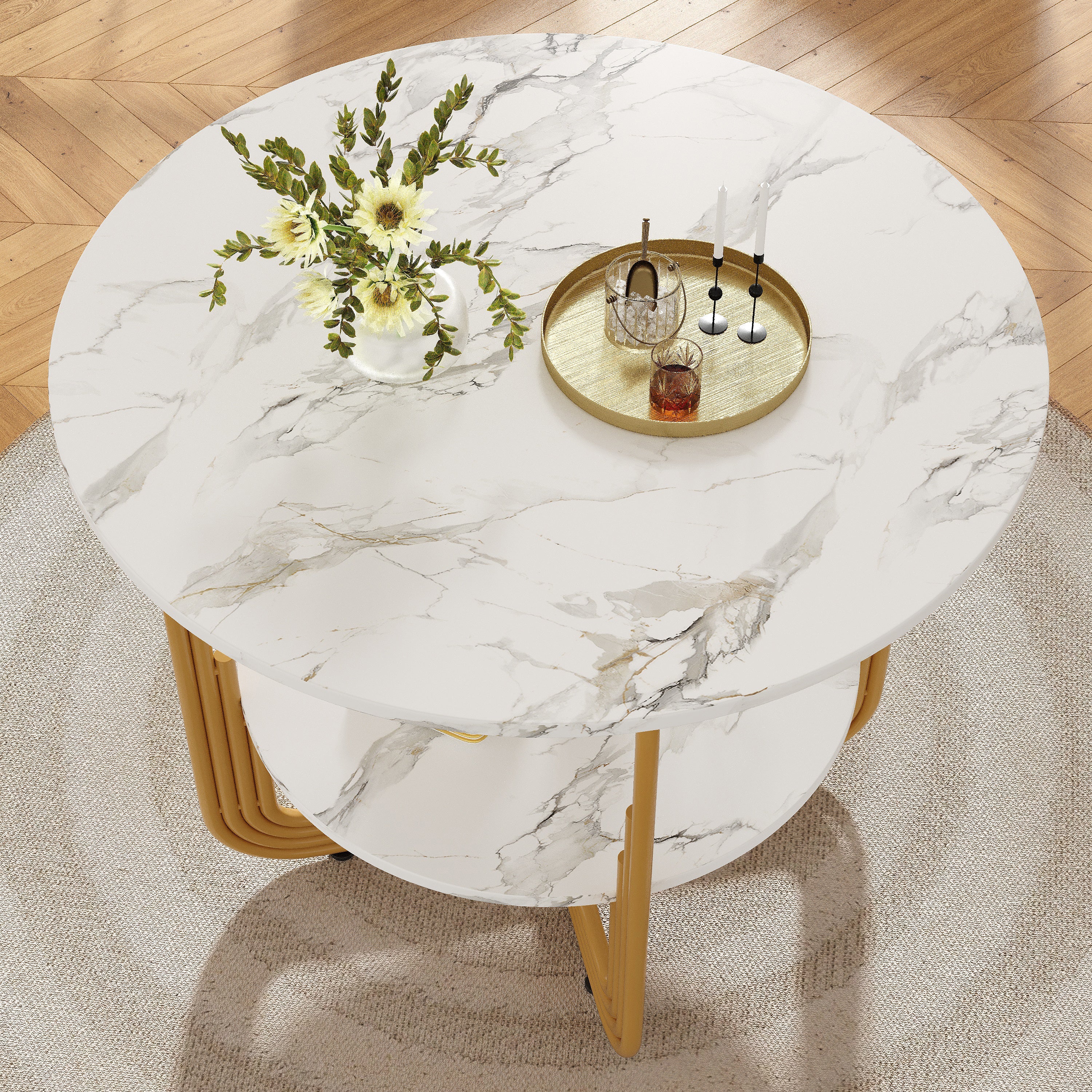 Round Dining Table 80x80x76cm 4-Person Storage Shelf MDF Marble Top