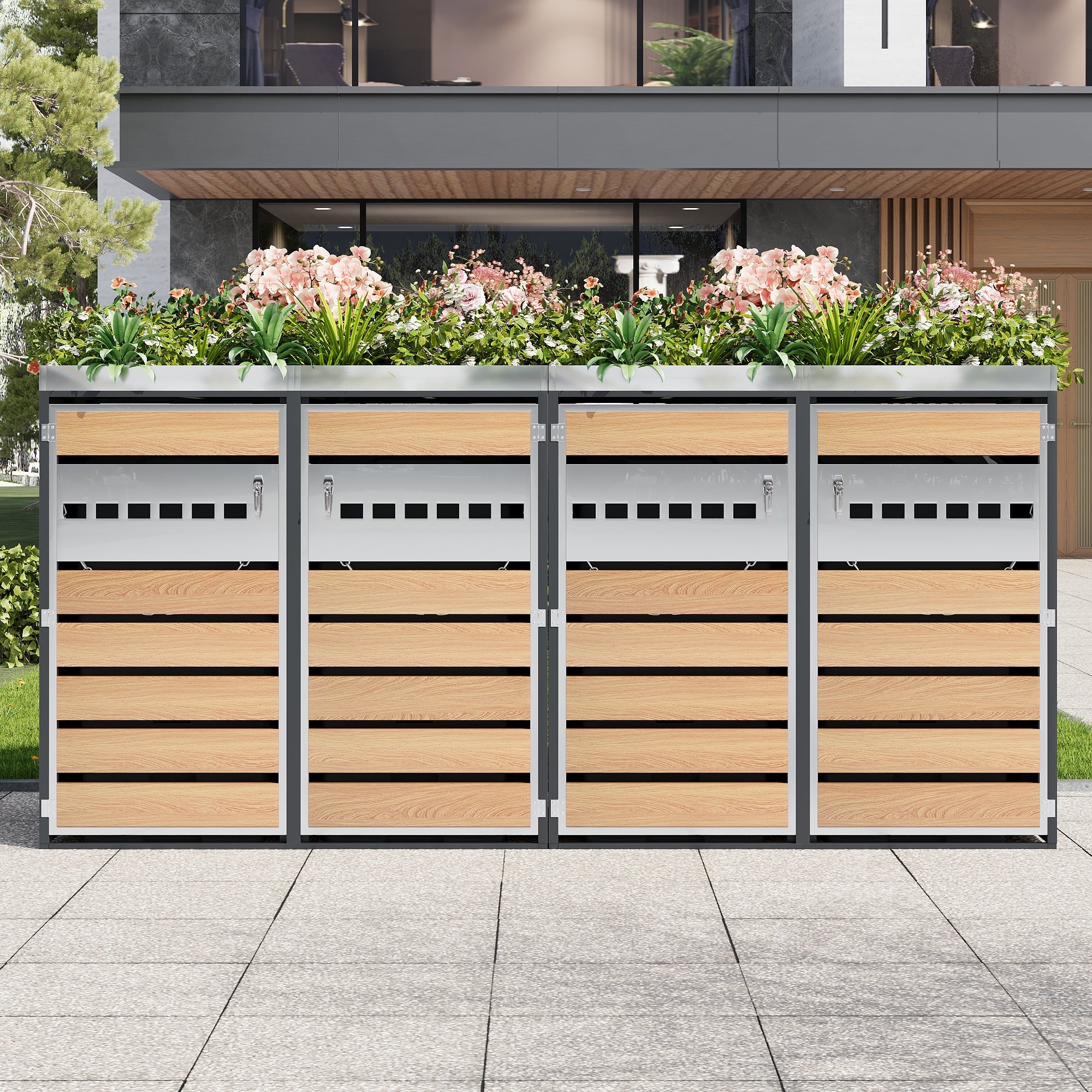 Garbage Can Enclosure with Diamond Ventilation and Four Lockable Doors, Planting Area, Steel