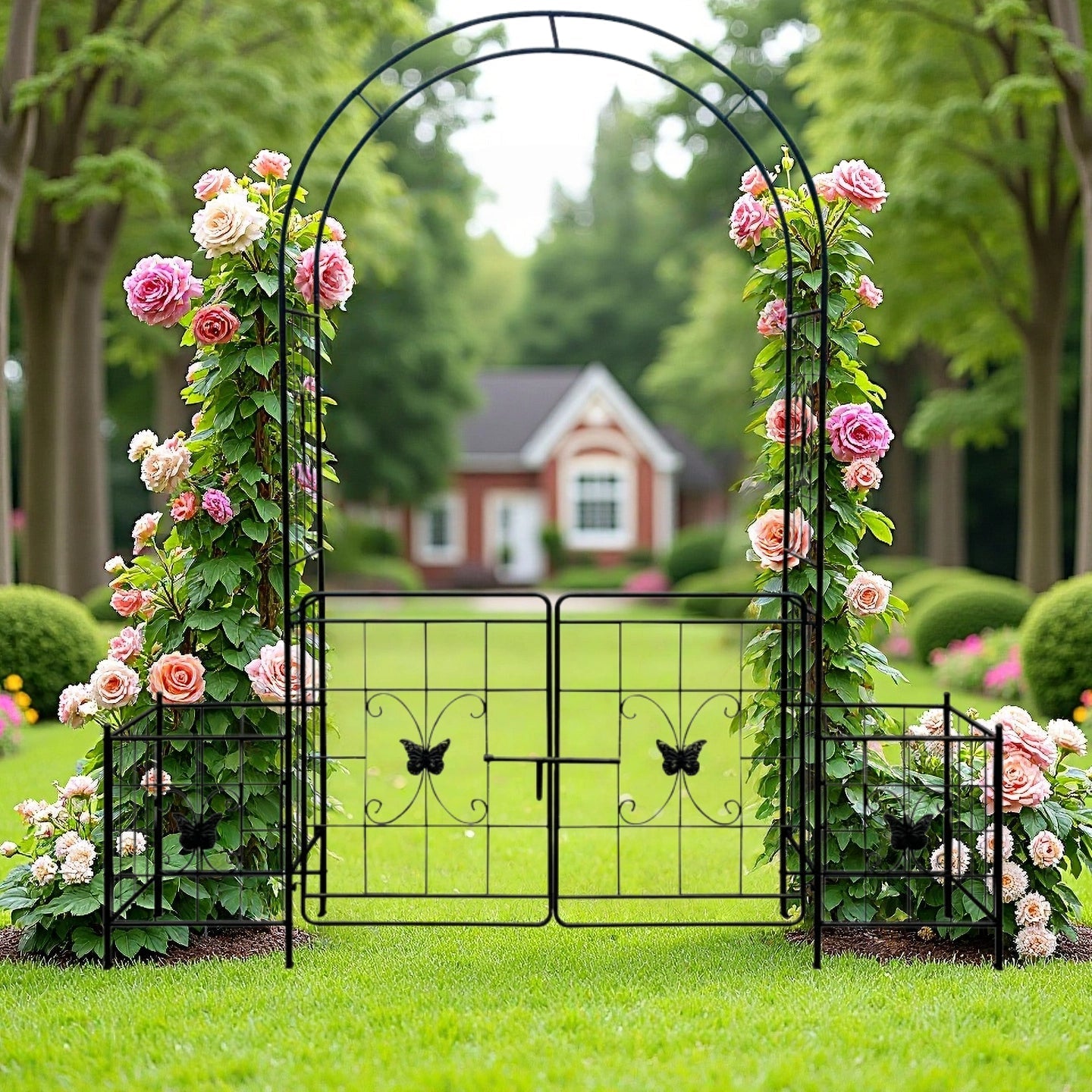 Garden Arch Arbor Trellis with Gate, Durable Metal, 7.15 Feet, Black