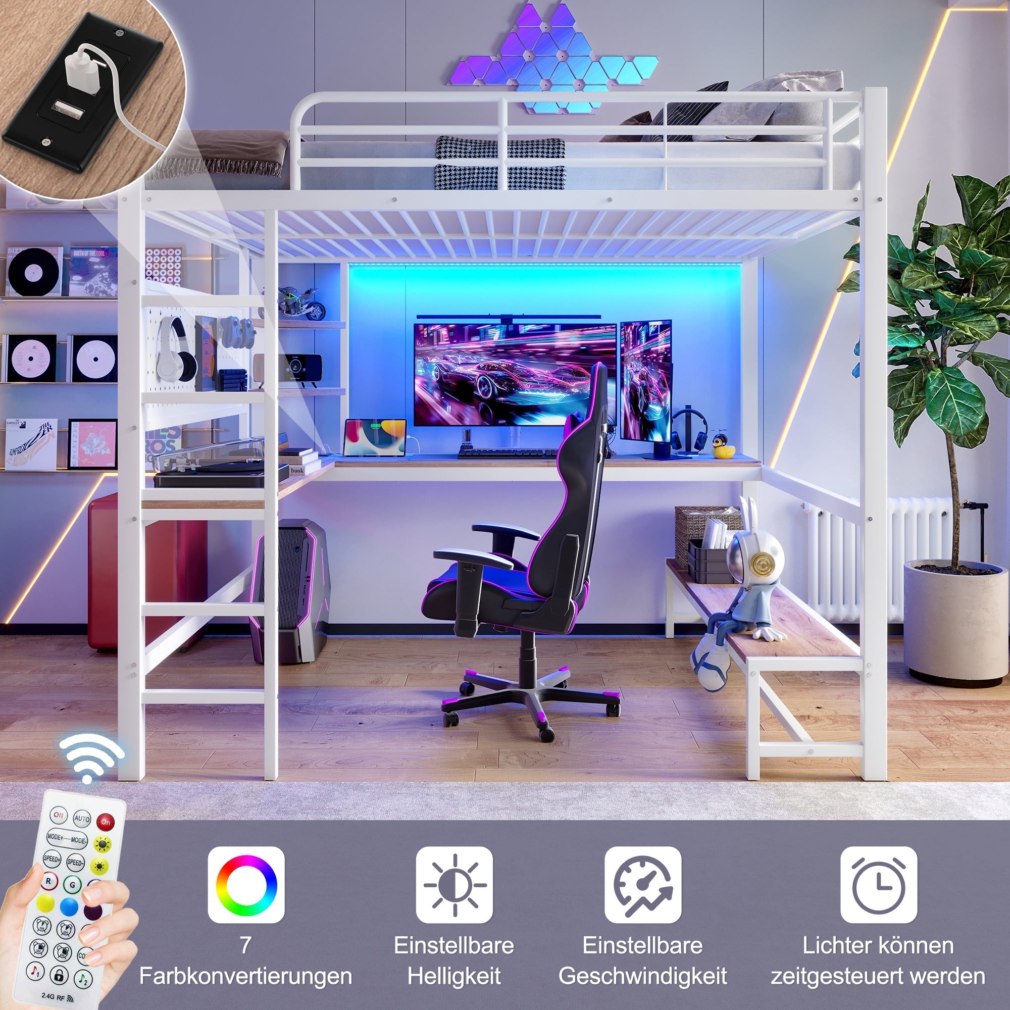 Loft Bed with Desk, Shelves, LED and USB Sockets, White Metal and MDF