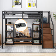 Loft Bed 140x200 TV Stand Power Outlet Safety Ladder, Metal/Wood Black