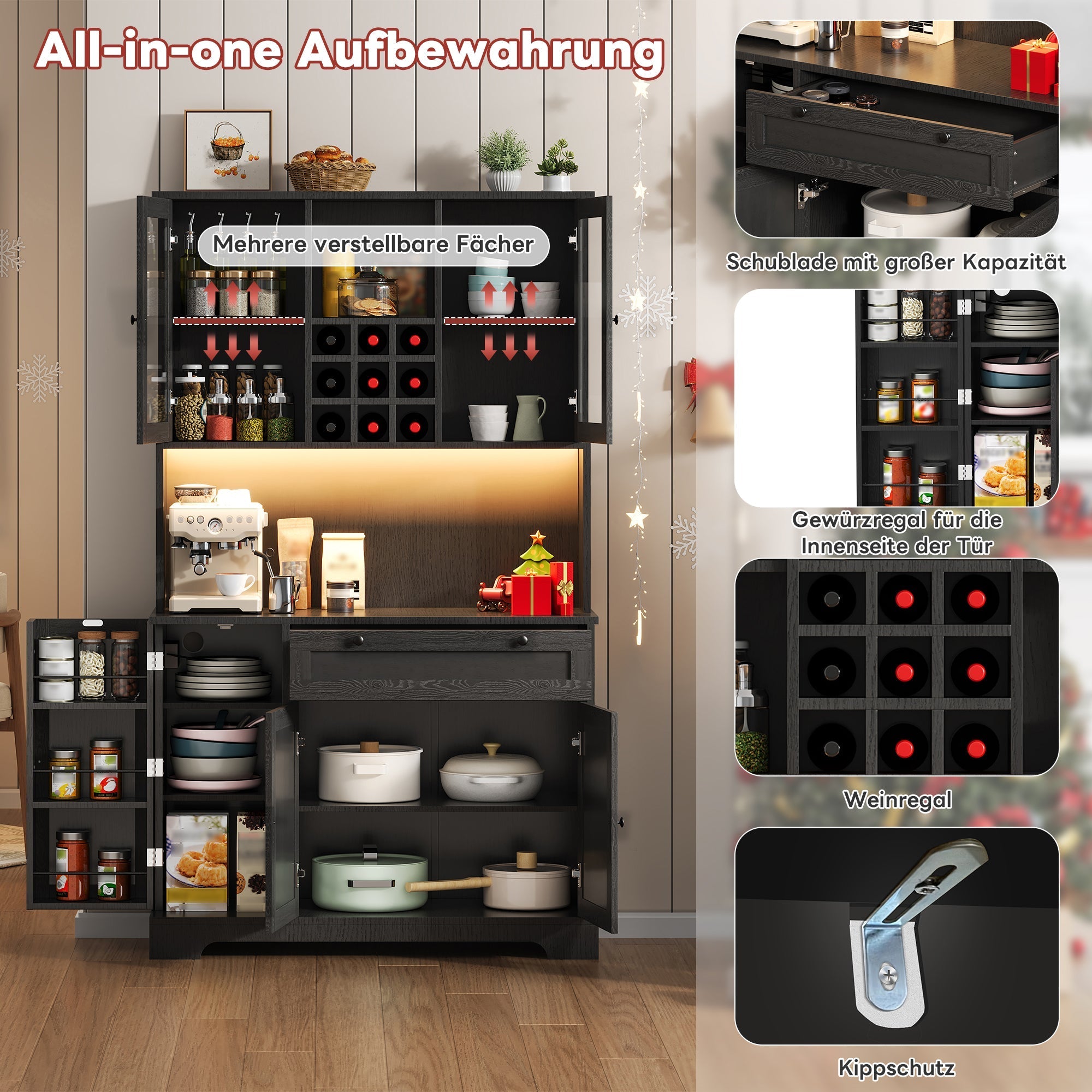 Kitchen Cabinet with LED Lighting, Power Outlet and Spice Rack, 180 x 105 x 40 cm