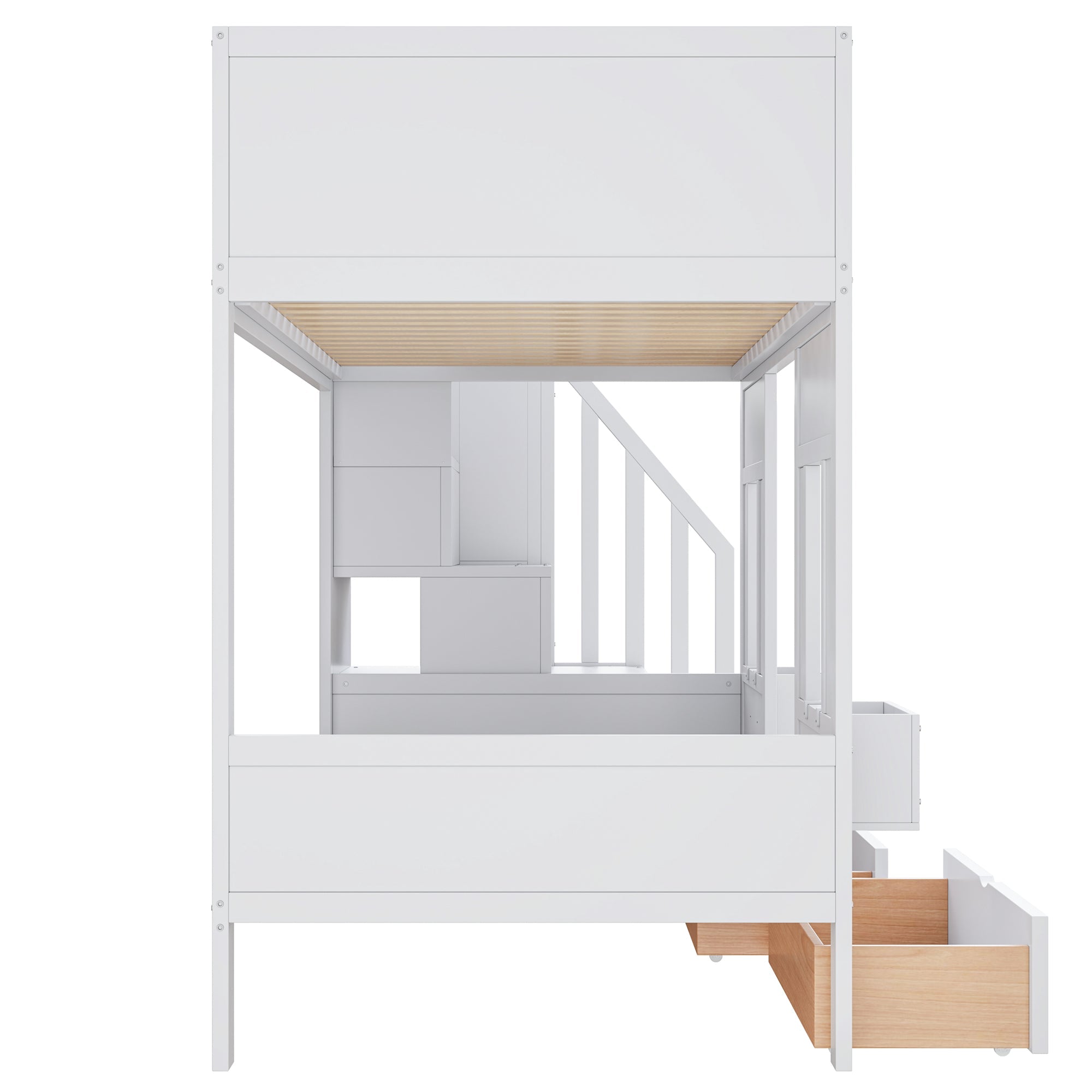 Bunk Bed with Storage Stairs, Drawers and Windows, 90x200cm, Wood