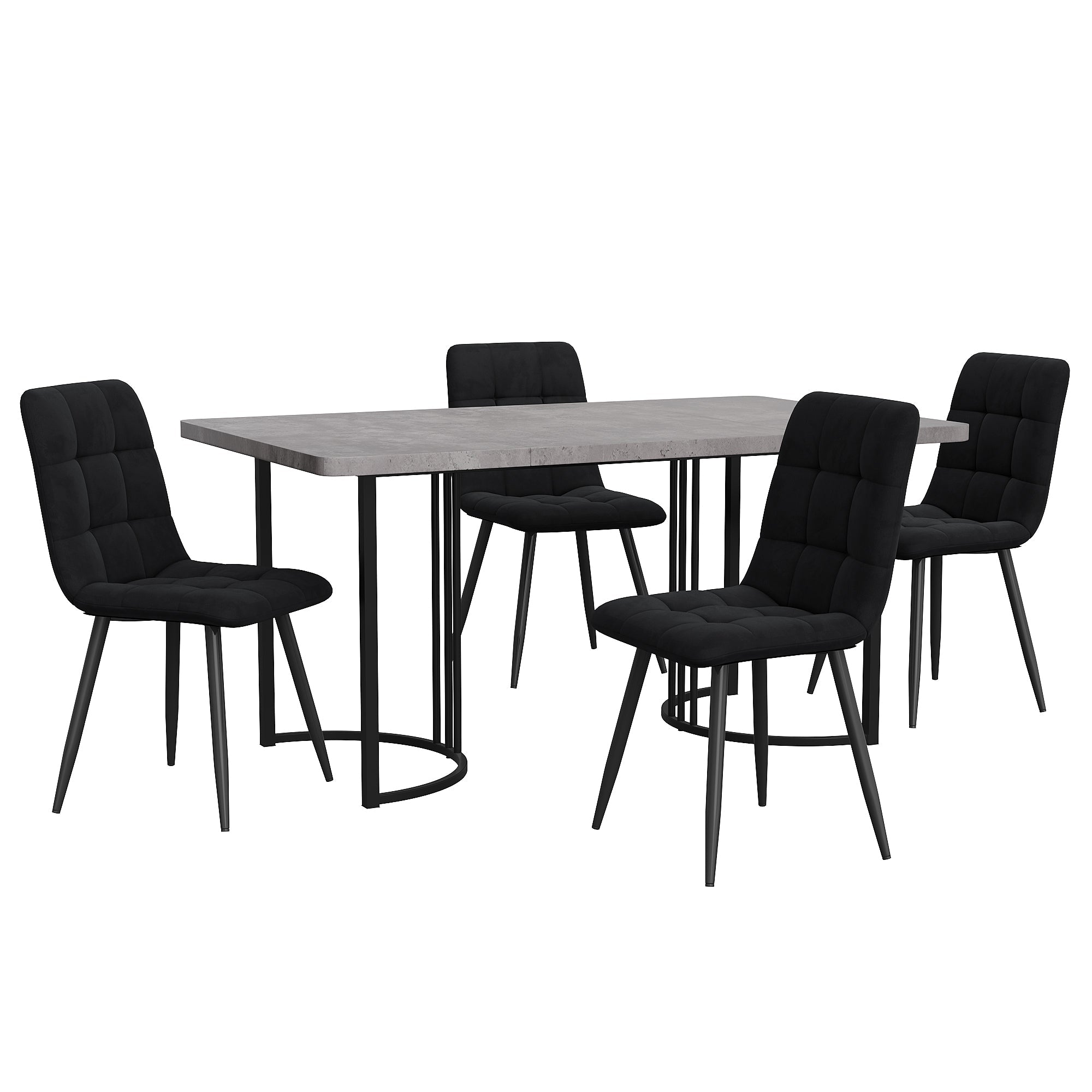 Dining Set 5-Piece, Modern 140x80cm Table Black Metal Legs & 4 Velvet Chairs, Grey/Black MDF