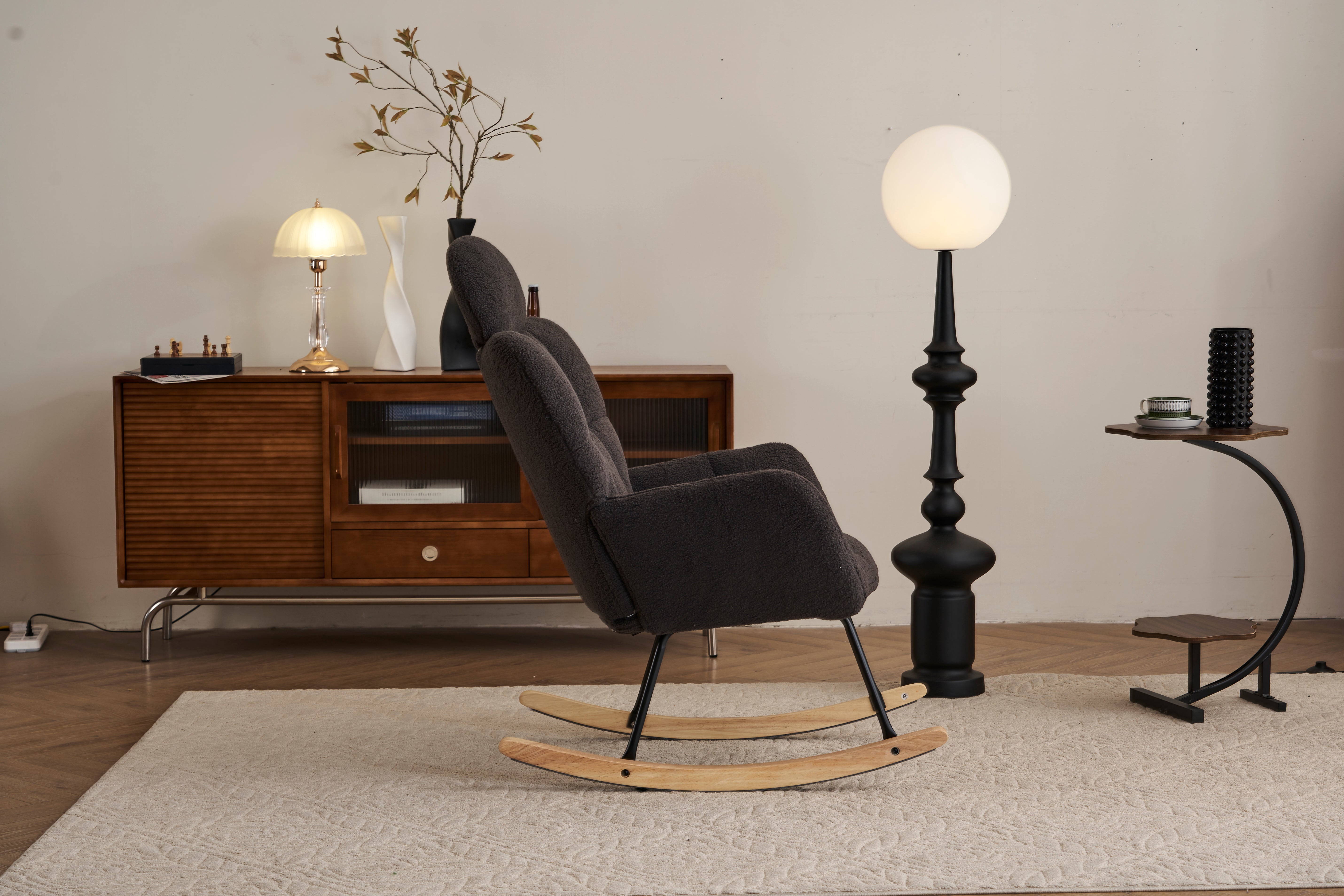Rocking Chair, Tufted Upholstered Seat, Dark Grey Teddy Fabric