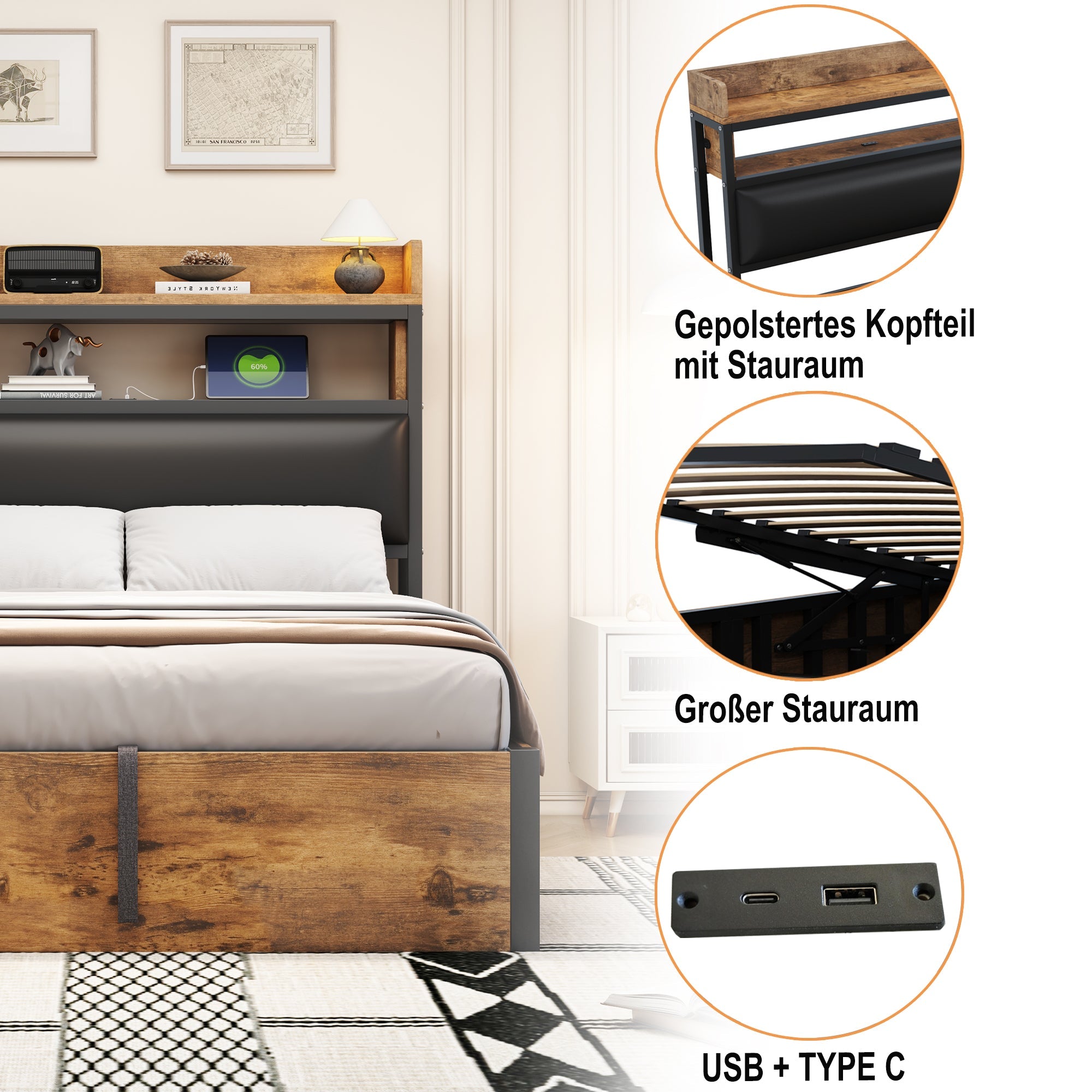 Bed Frame, 90 x 200, Hydraulic Lift, USB, Upholstered Headboard, Black