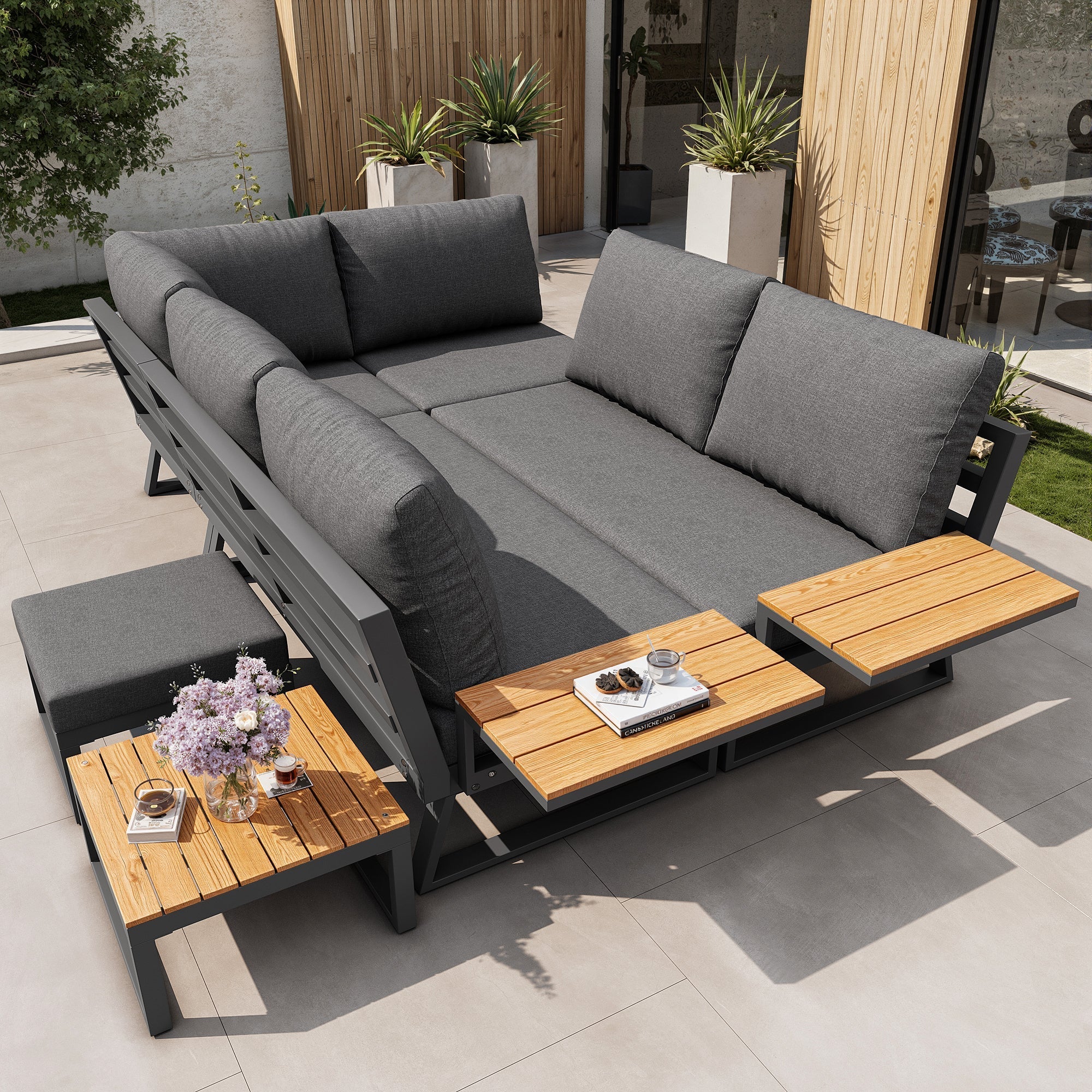 L-shaped Garden Sofa Set Weatherproof 7-Seater Corner Lounger Wooden Armrests Iron Grey/Beige