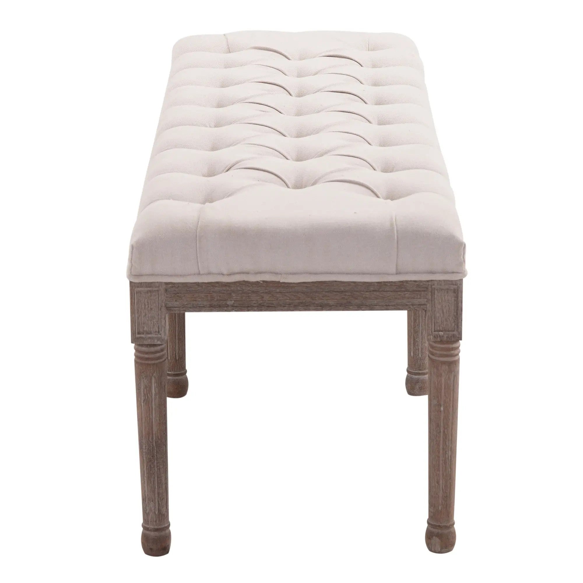 Upholstered Bench Lounge Stool with Buttons, Linen Wood, Beige