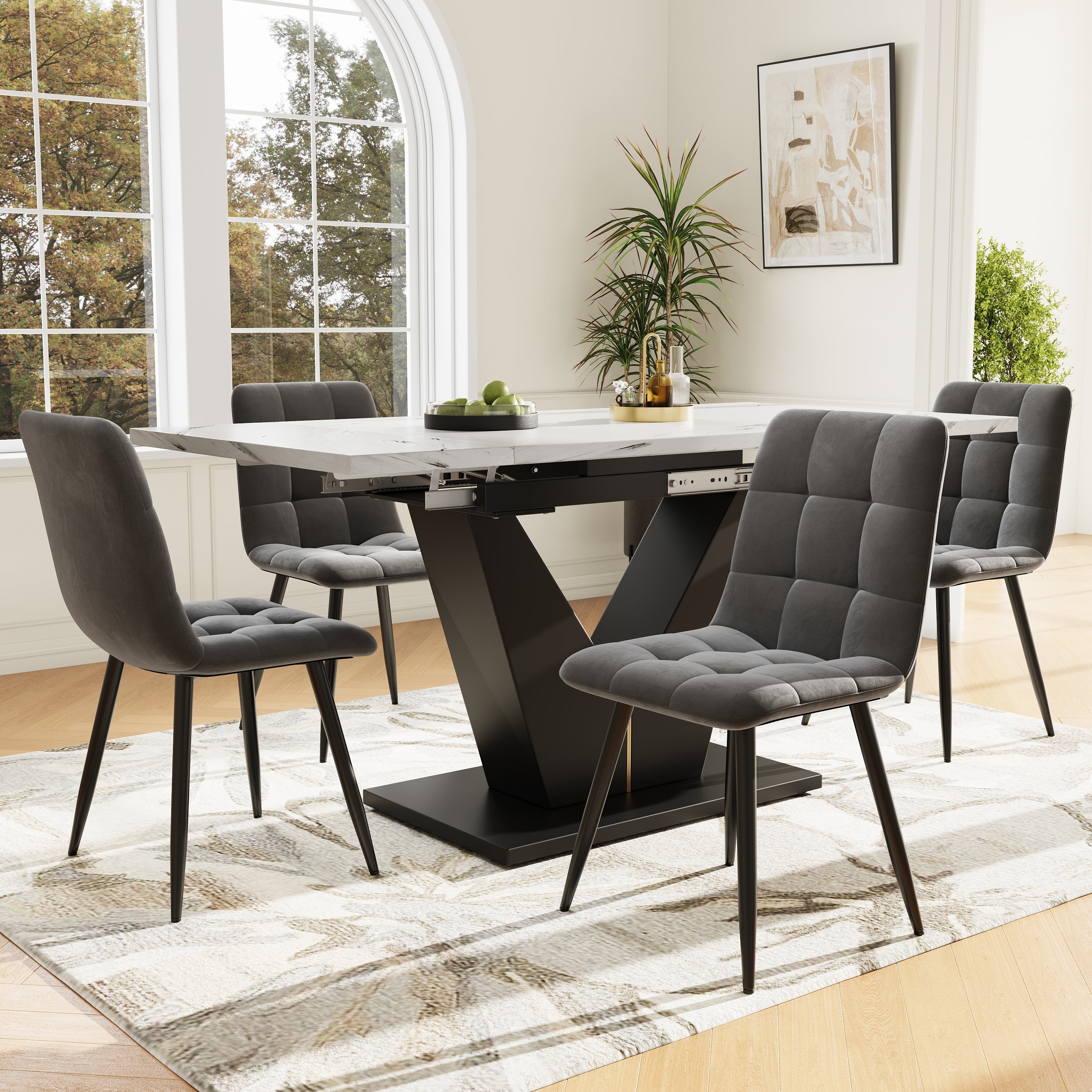 Dining Set 5-Piece Extendable Table 4 Velvet Chairs - White Marble/Grey