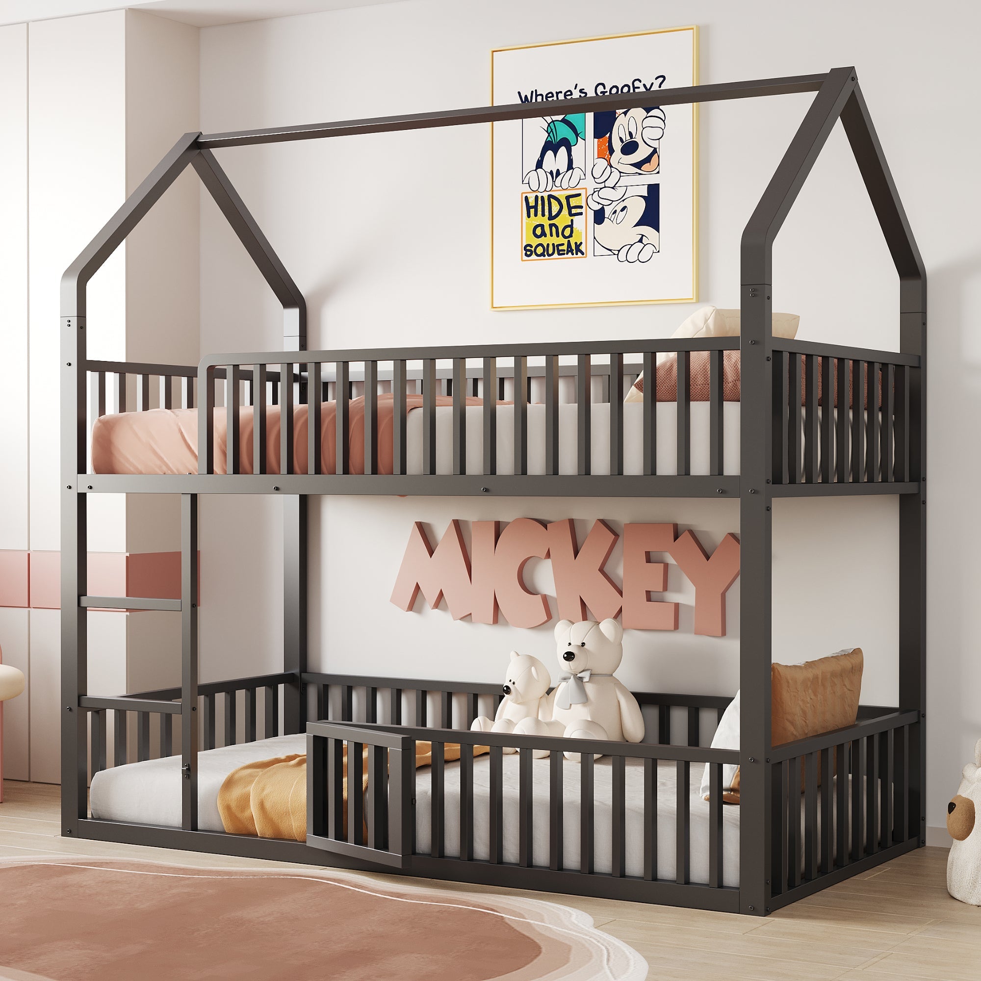 Children's Bunk Bed 90*200, Loft Design with Stairs & Small Door, Metal Black