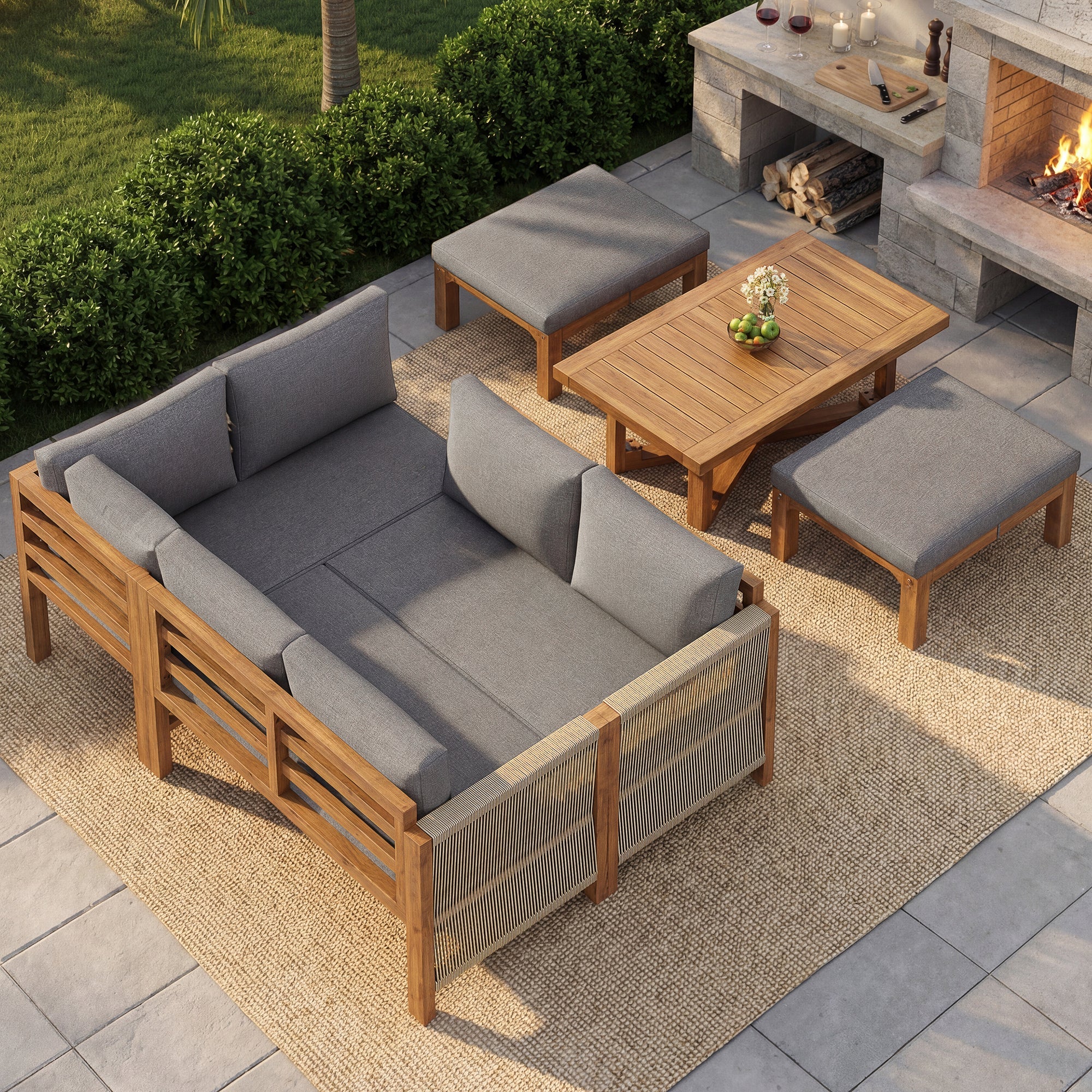 Modular Garden Furniture Set, 6-Seater Corner Sofa with 2 Stools and Table, Acacia Wood