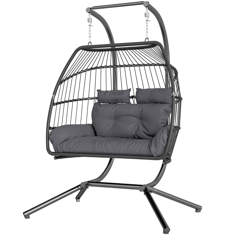 Hanging Chair with Frame, Foldable Basket with Cushion, Ergonomic Swing for 2 people, 260 kg capacity, Dark Gray
