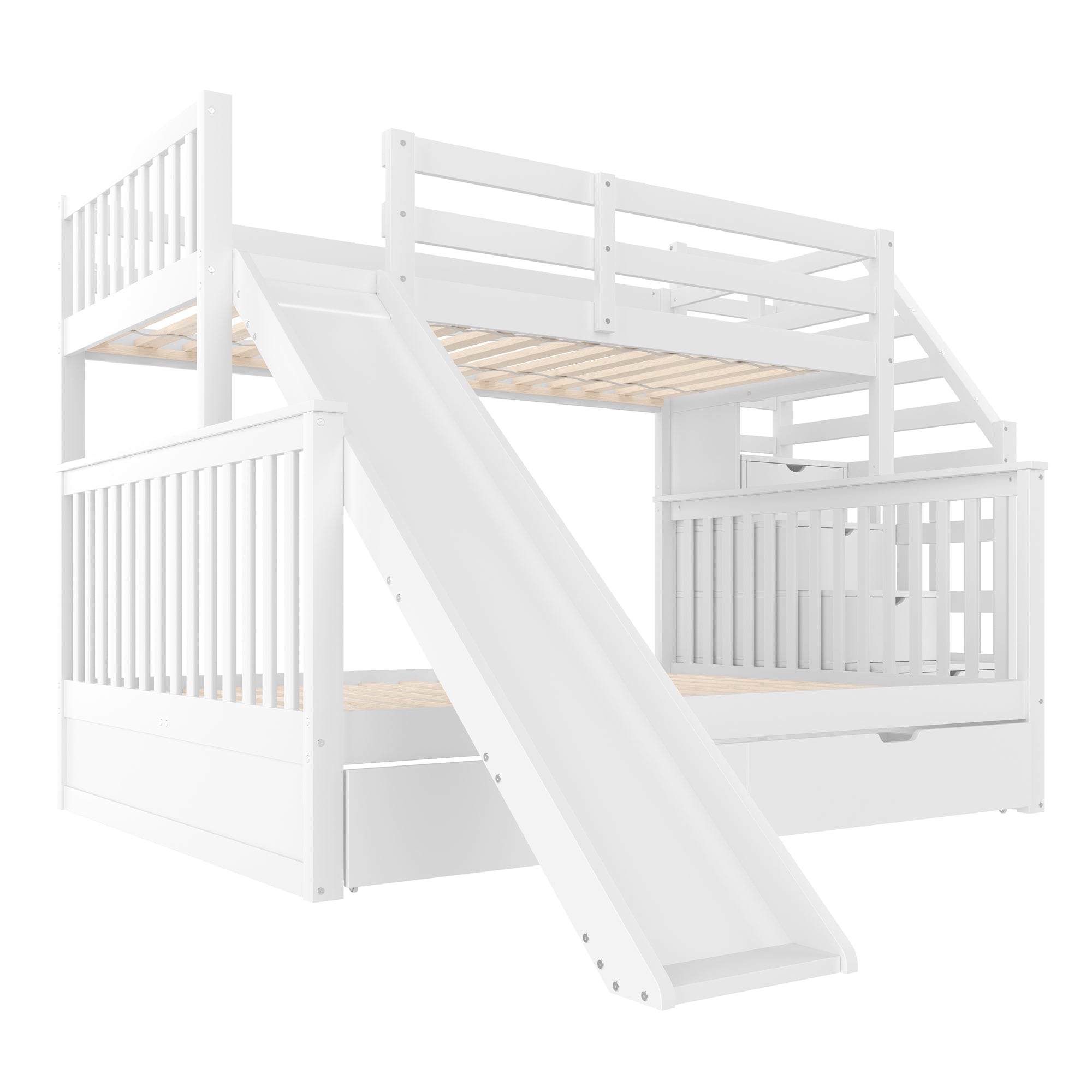 Bunk Bed 90x200 over 140x200 with Drawers Storage and Slide - White