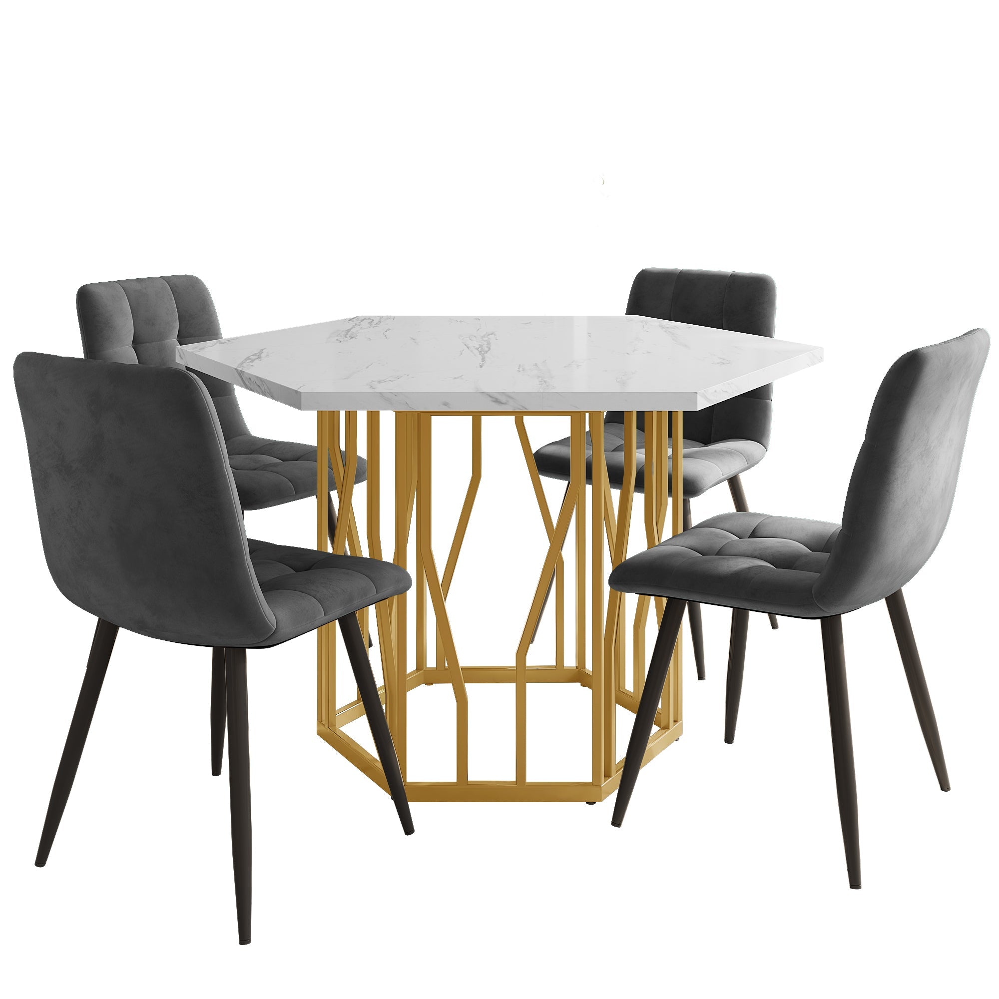 Dining Set 5-Piece Modern Hexagonal Marble Table 4 Grey Velvet Chairs Gold