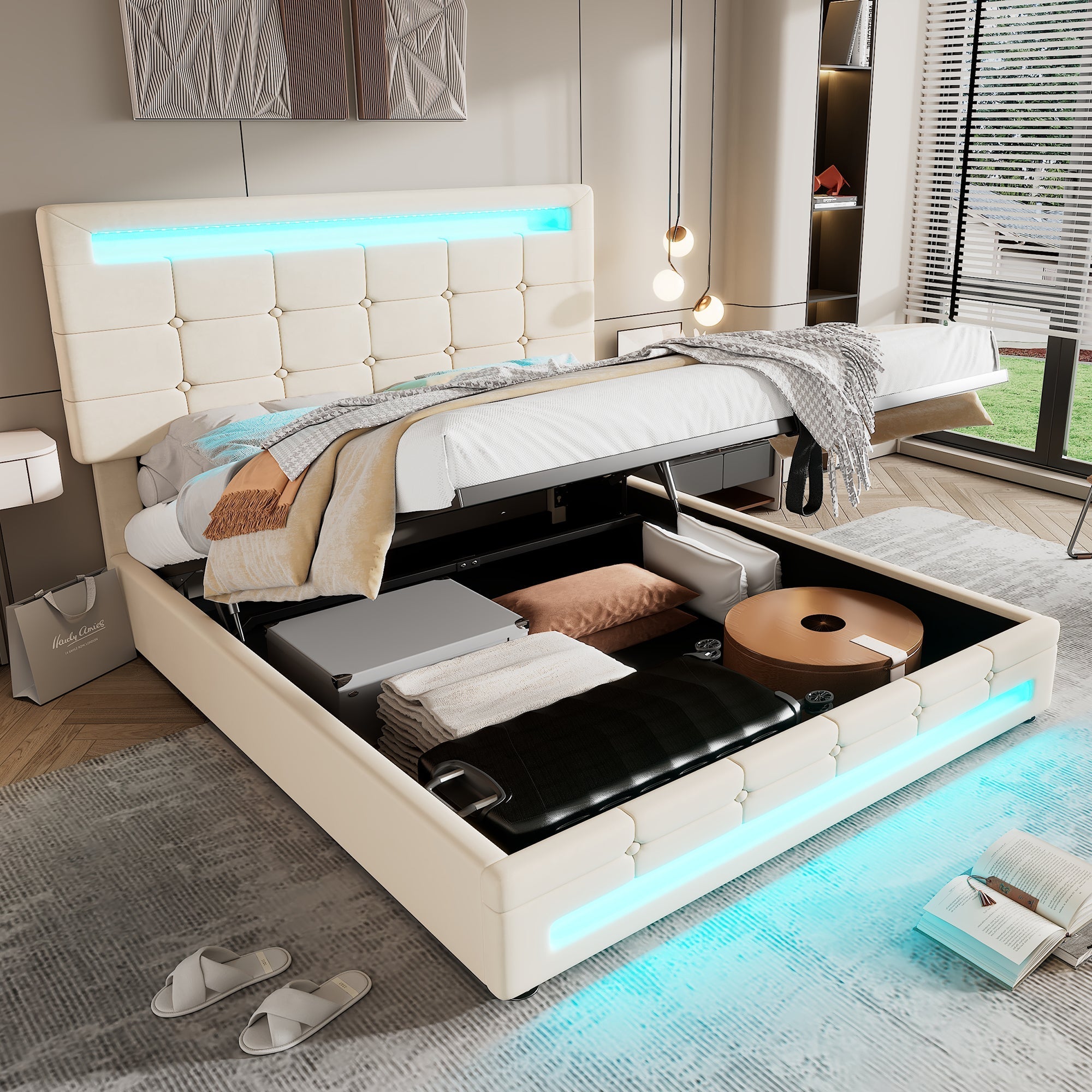 Upholstered Bed, Hydraulic 4ft6 Double 135x190cm with Square Embellishment & 7-Color LED, Velvet & Iron Beige