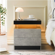 Nightstand LED Bedside Table with 2 Drawers, Modern End Side Cabinet, Grey+Black