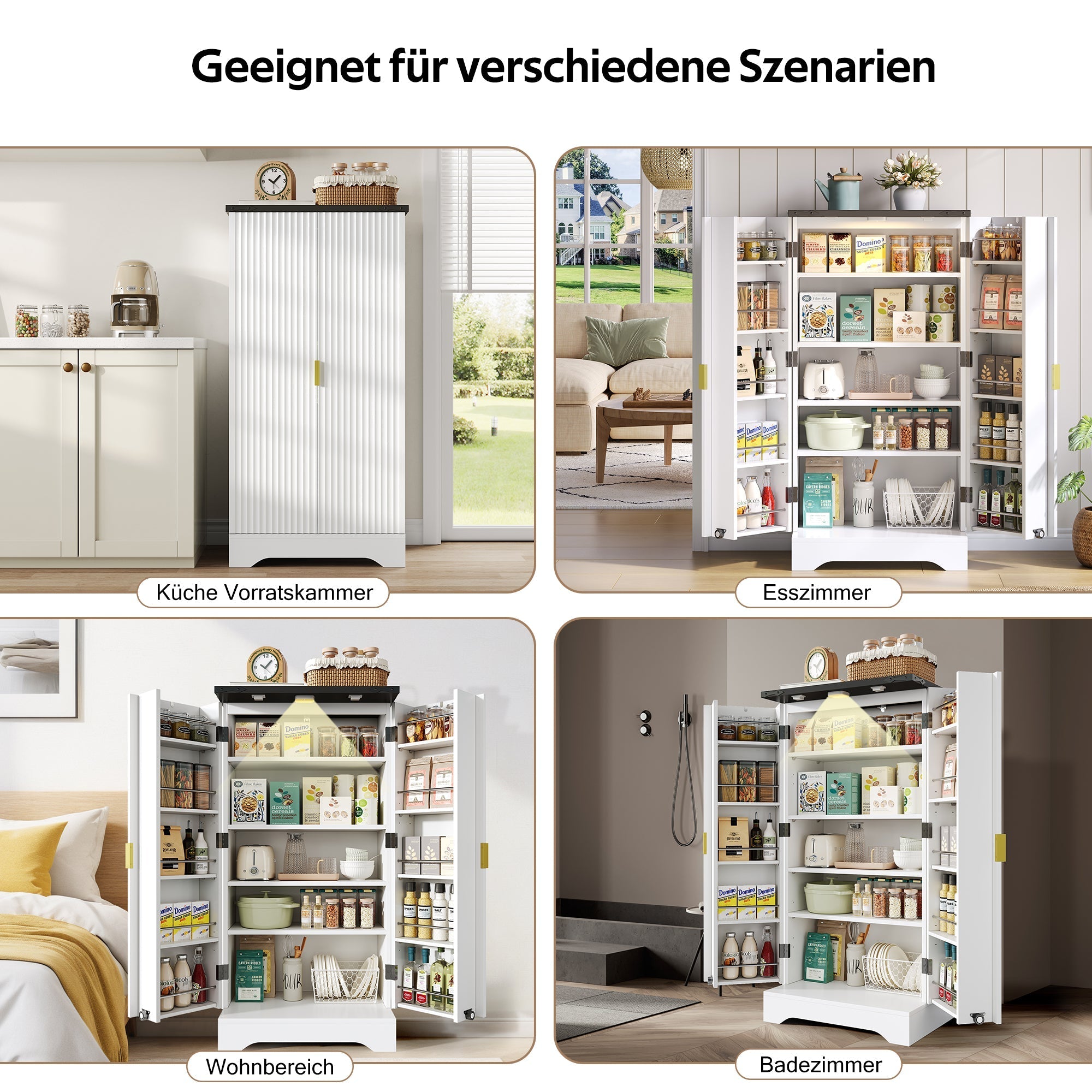 Küchenschrank mit LED-Beleuchtung, Gewürzregal, verstellbaren Einlegeböden, Doppeltüren - Weiß