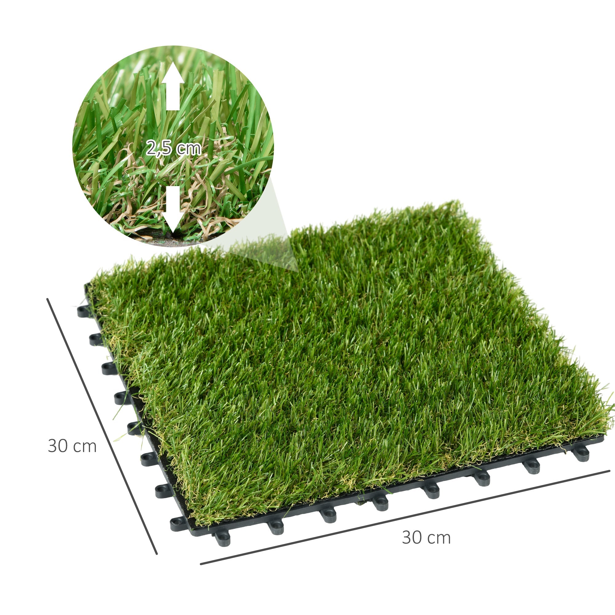 Artificial Grass Tiles, 10 Pieces 30x30cm 25mm Durable Easy Care, Dark Green Plastic