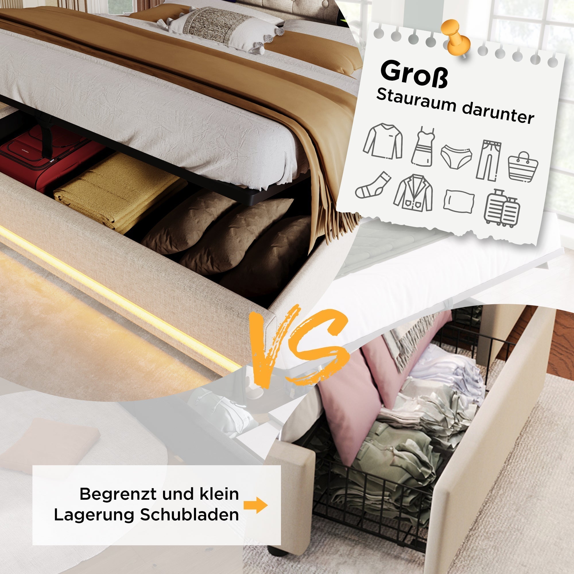 Upholstered Double Bed 180x200cm Hydraulic Storage LED Headboard USB-C, Beige Cotton