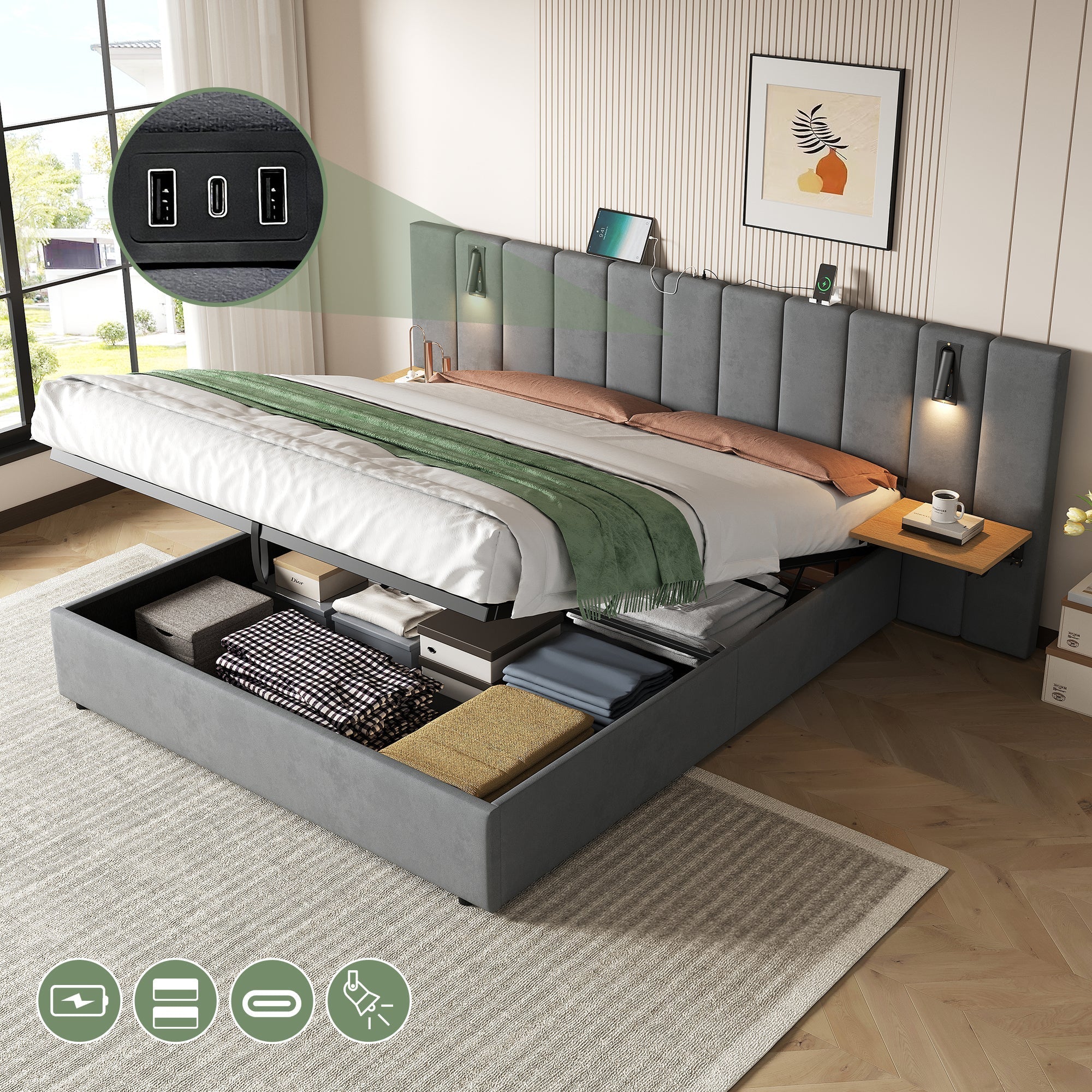 King Upholstered Bed with Charging Station, Hydraulic Storage, Reading Light, Grey Velvet