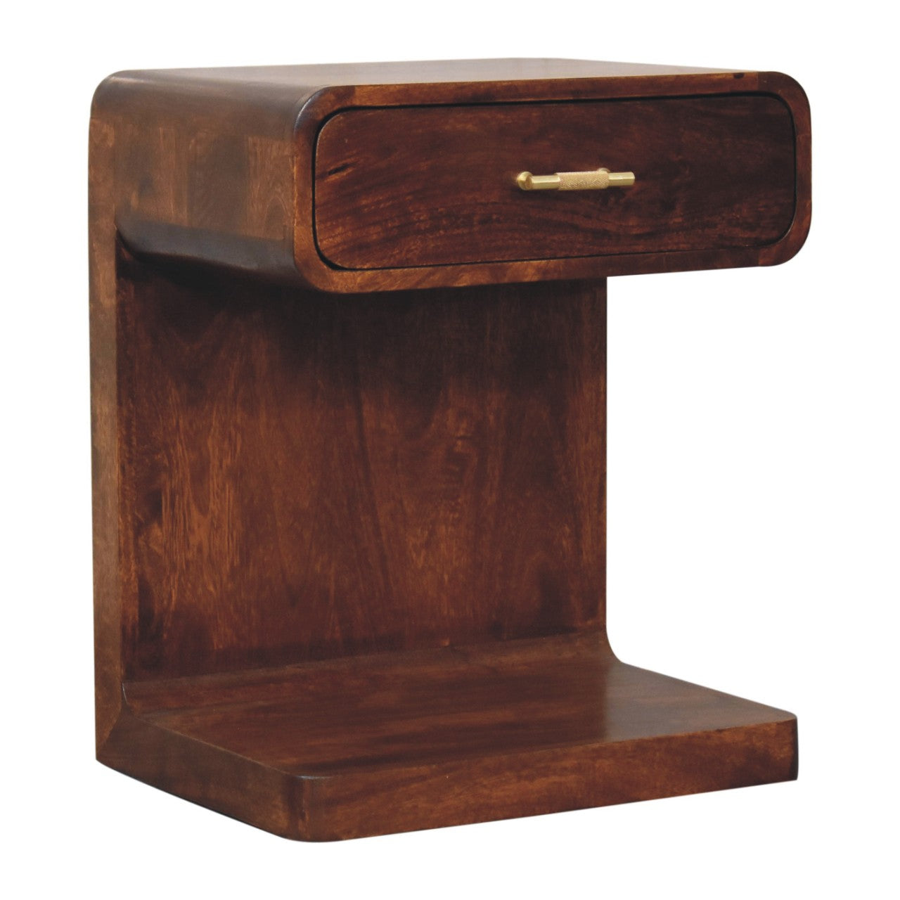 Solid Wood Bedside, T-Bar Rounded, 1 Drawer, 1 Open Slot, Dark Brown Chestnut