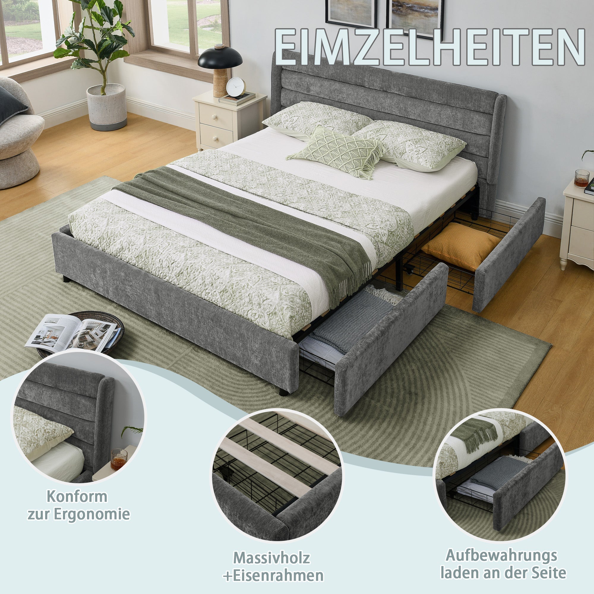 Double Bed 140x200cm 4 Storage Drawers - Dark Grey Chenille